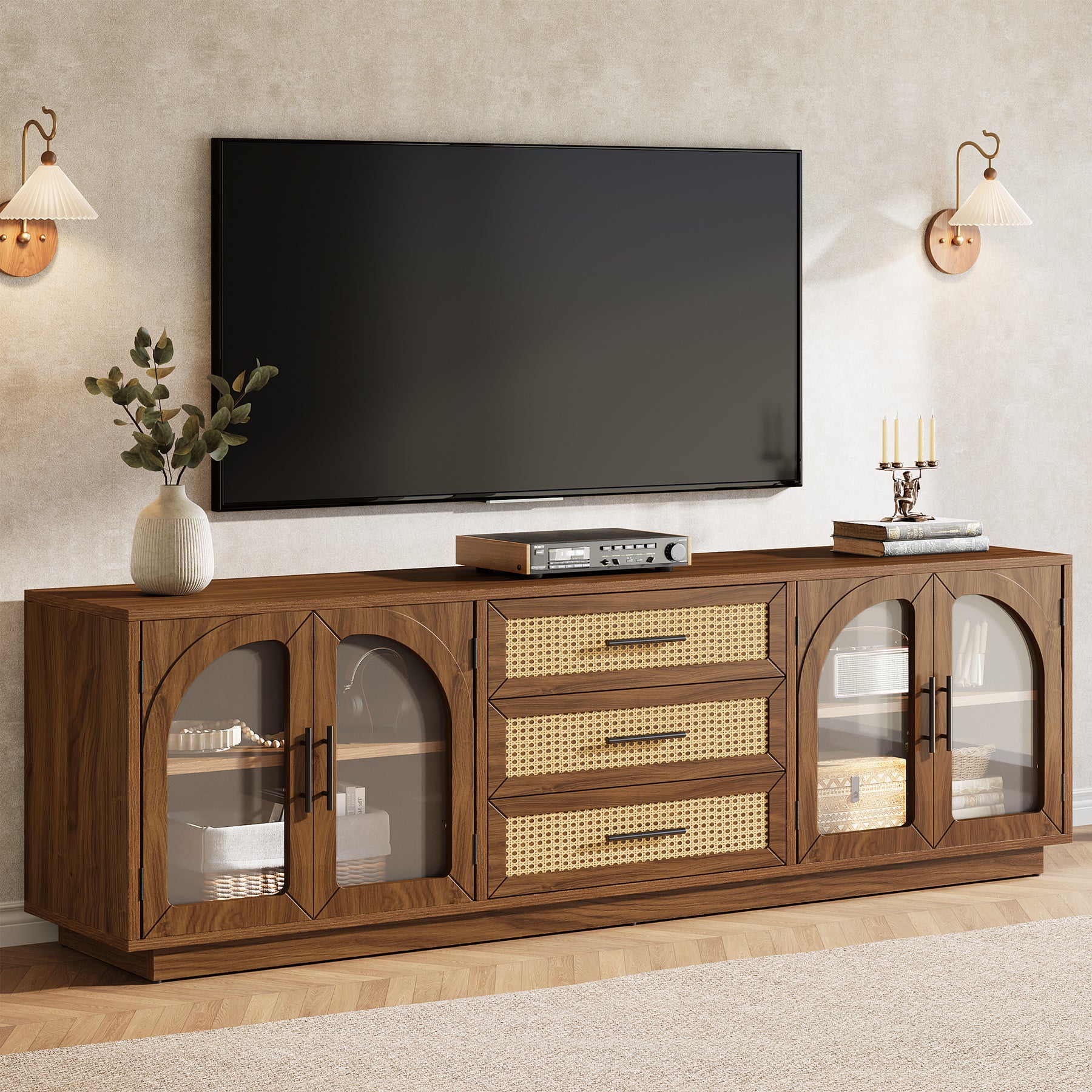 Tribesigns 71-Inch TV Stand with Rattan Drawers, Mid-Century Media Console for Living Room