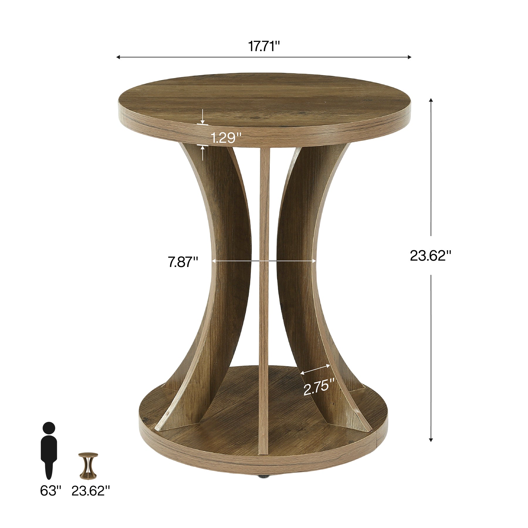 17.72 Inch Round Side Table, Farmhouse End Table with Curved Frame and Storage for Living Room