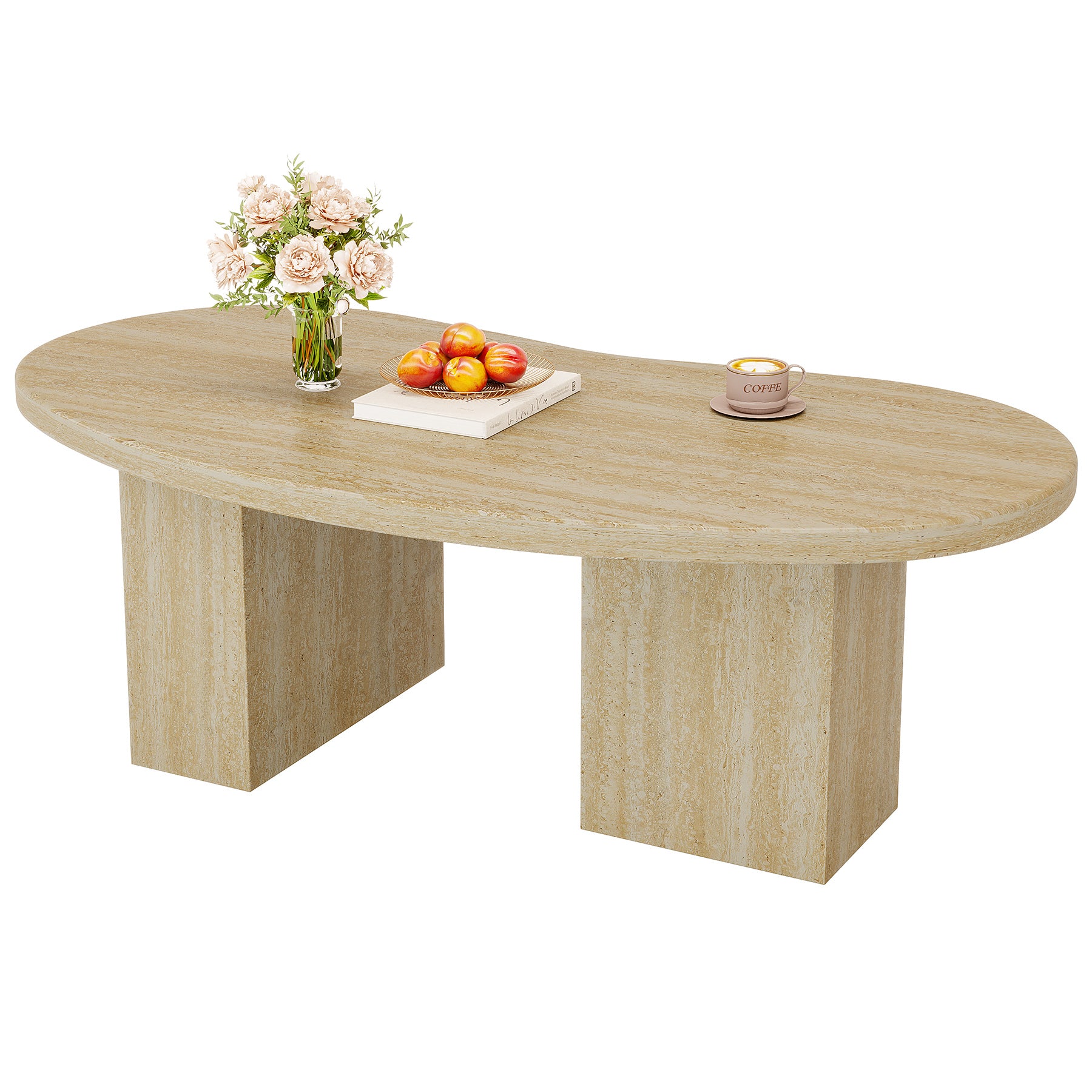 45.28" Oval Oak Coffee Table - Large Asymmetric Pedestal Cocktail Table in Engineered Wood for Living Room
