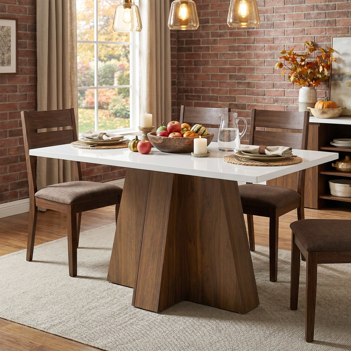 Tribesigns 47 Inch Rectangular Dining Table for 4-6, White Tabletop with Walnut Wood Base for Kitchen and Dining Room