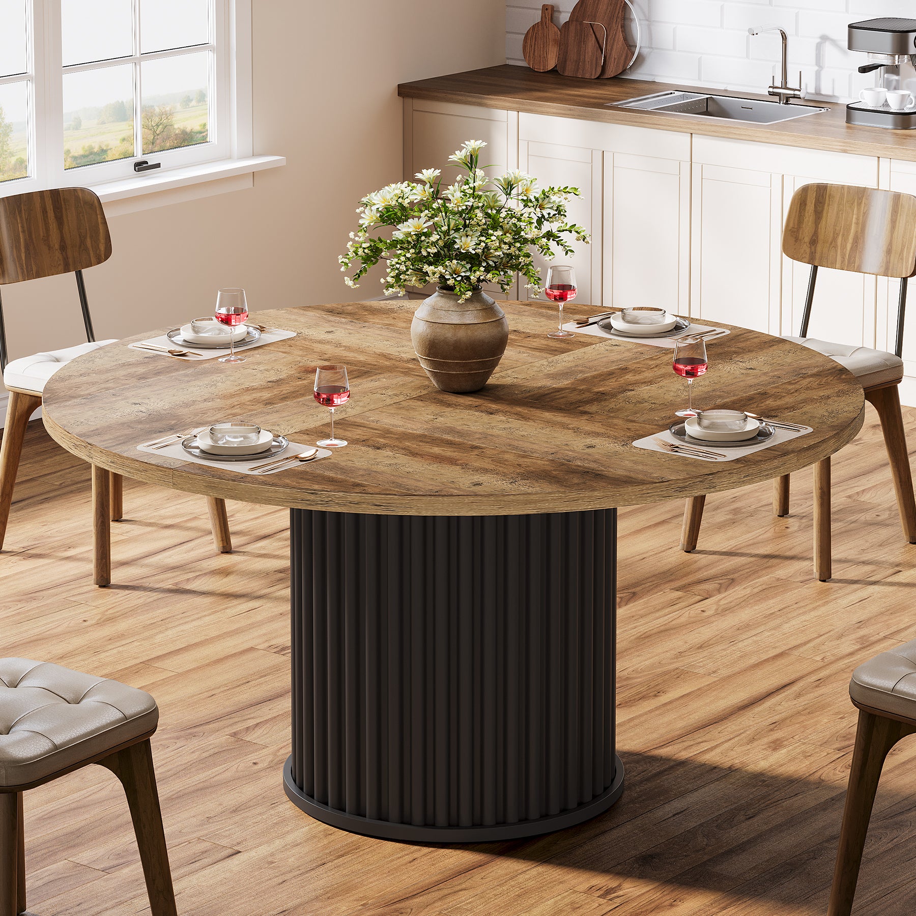 47" Round Dining Table for 4–6 People, Modern Farmhouse Kitchen Table with Fluted Pedestal Base