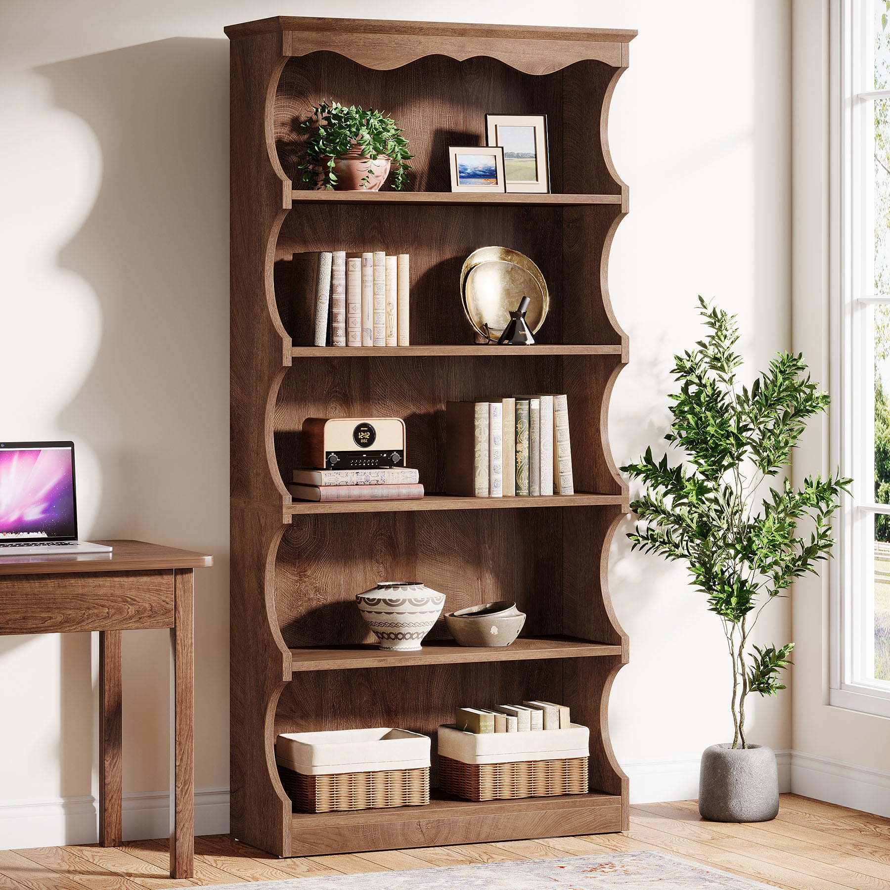 70 Inch Tall Bookcase, 5 Tier Curved Edge Bookshelf with Open Storage for Living Room and Home Office