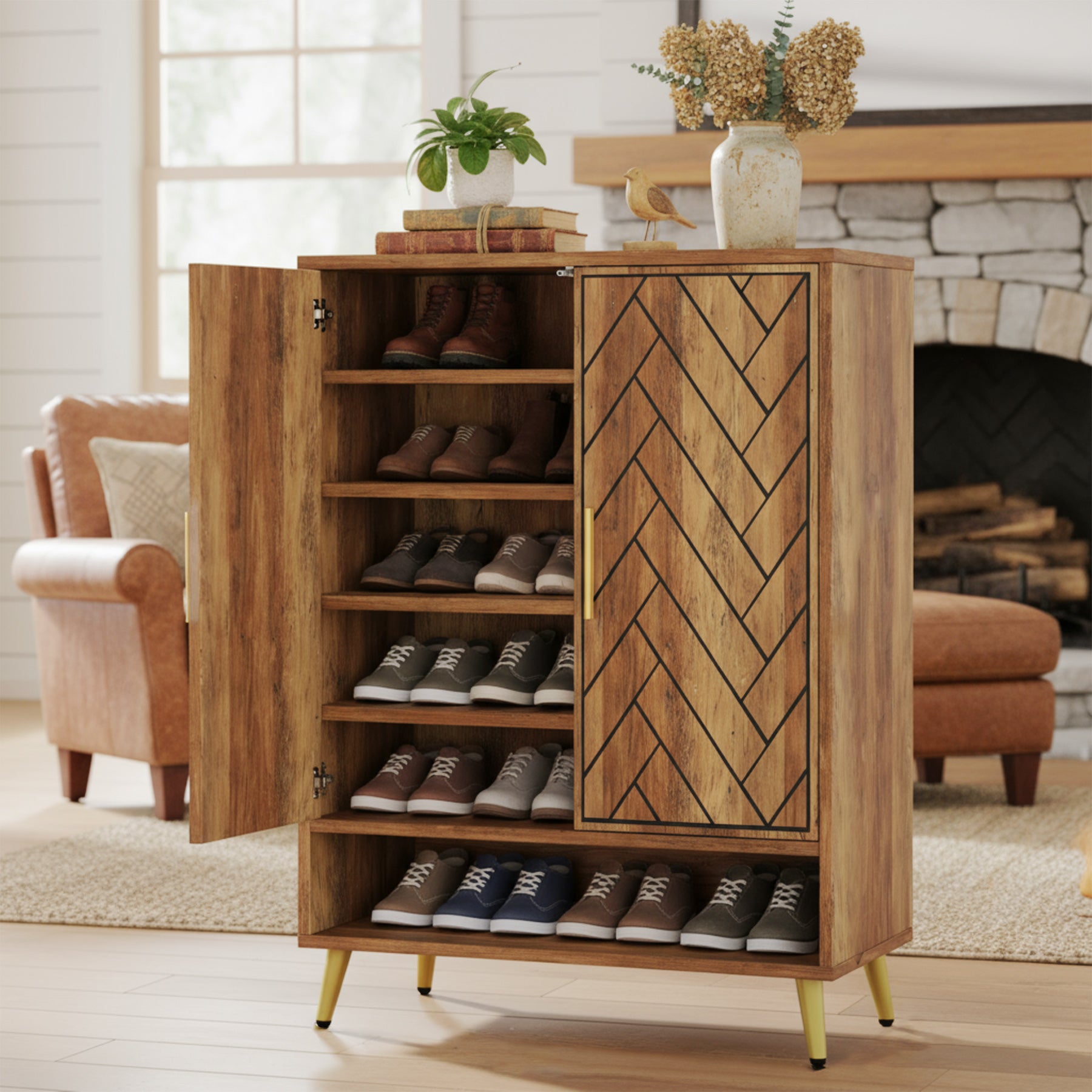 6-Tier Adjustable Shoe Cabinet - Wooden Shoe Organizer with Storage Shelves