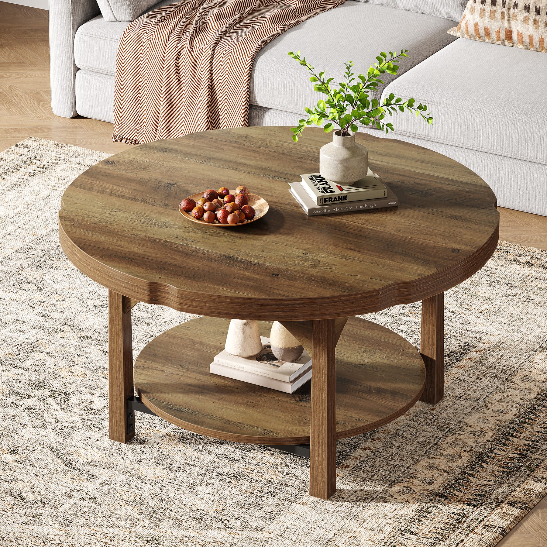 31.5" Round Coffee Table with 2 Tier Storage, Farmhouse Wooden Accent Center Table