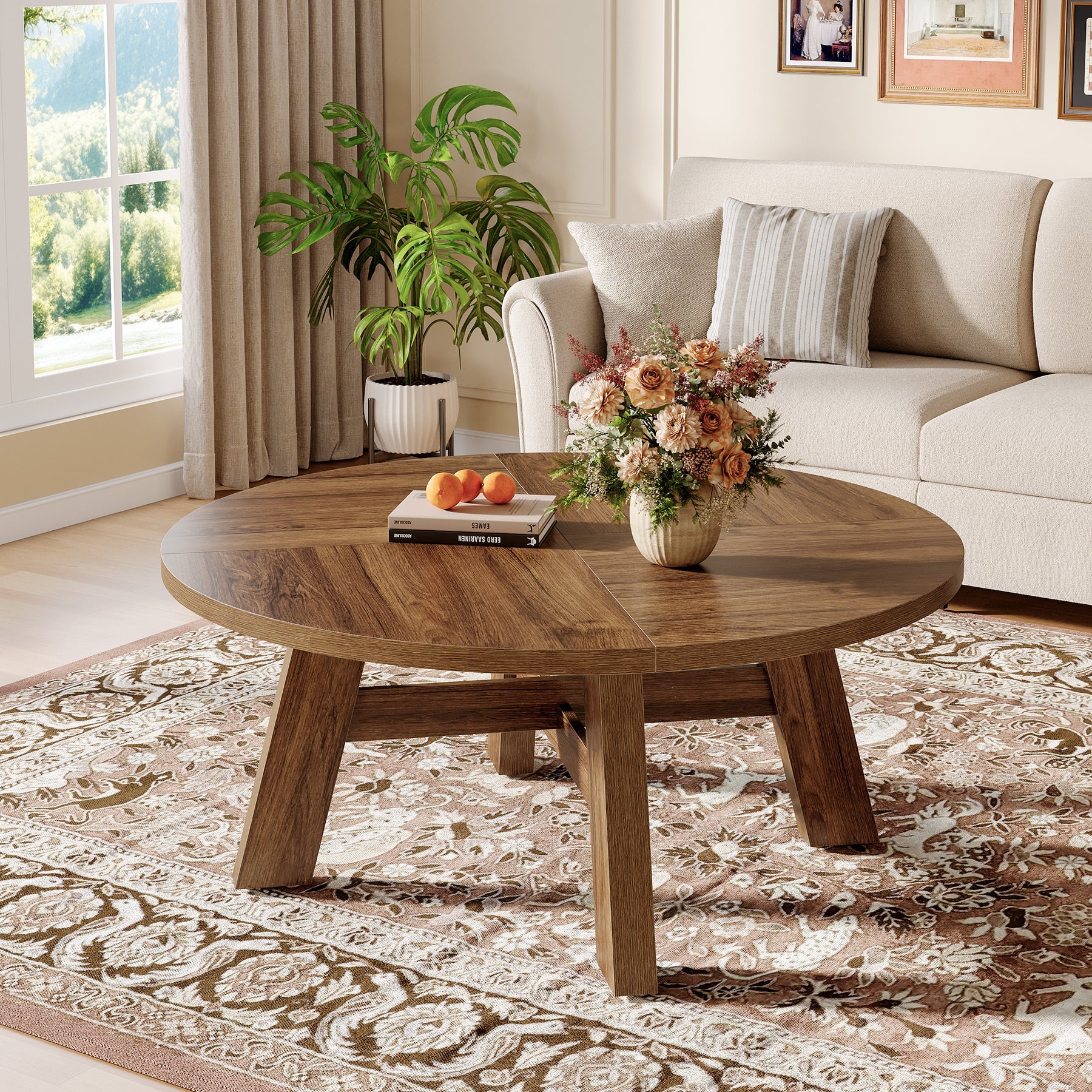 39" Round Mid Century Modern Coffee Table with Cross Brace, Low Wooden Center Table