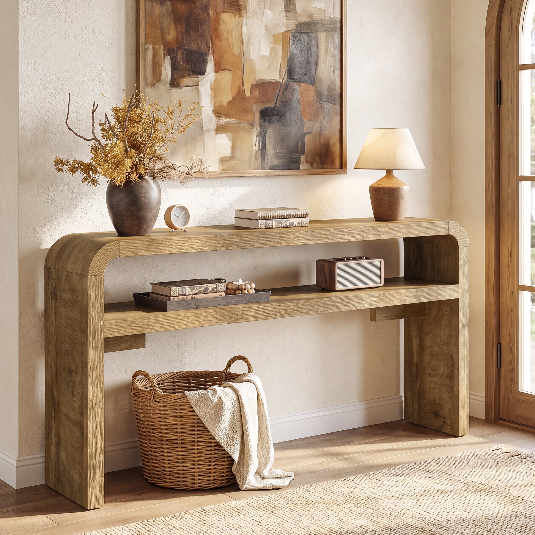 63 Inch Long Console Table with 2-Tier Storage, Narrow Sofa Table for Living Room