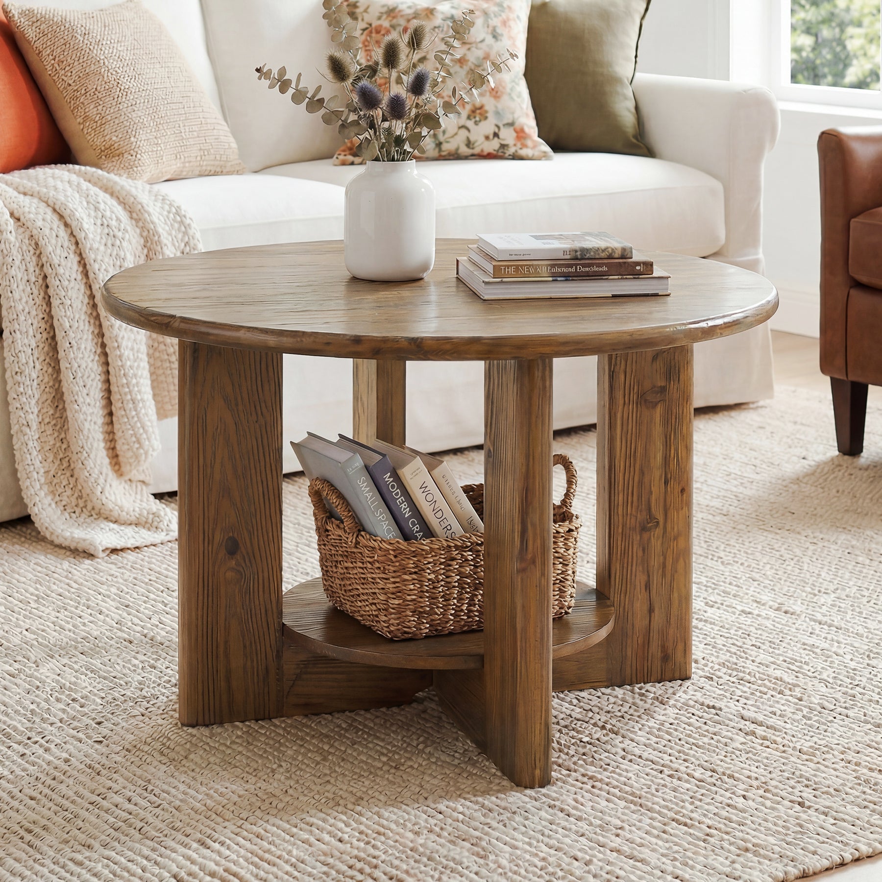 31.5-Inch Solid Wood Round Coffee Table, 2-Tier Farmhouse Circle Center Table with Storage