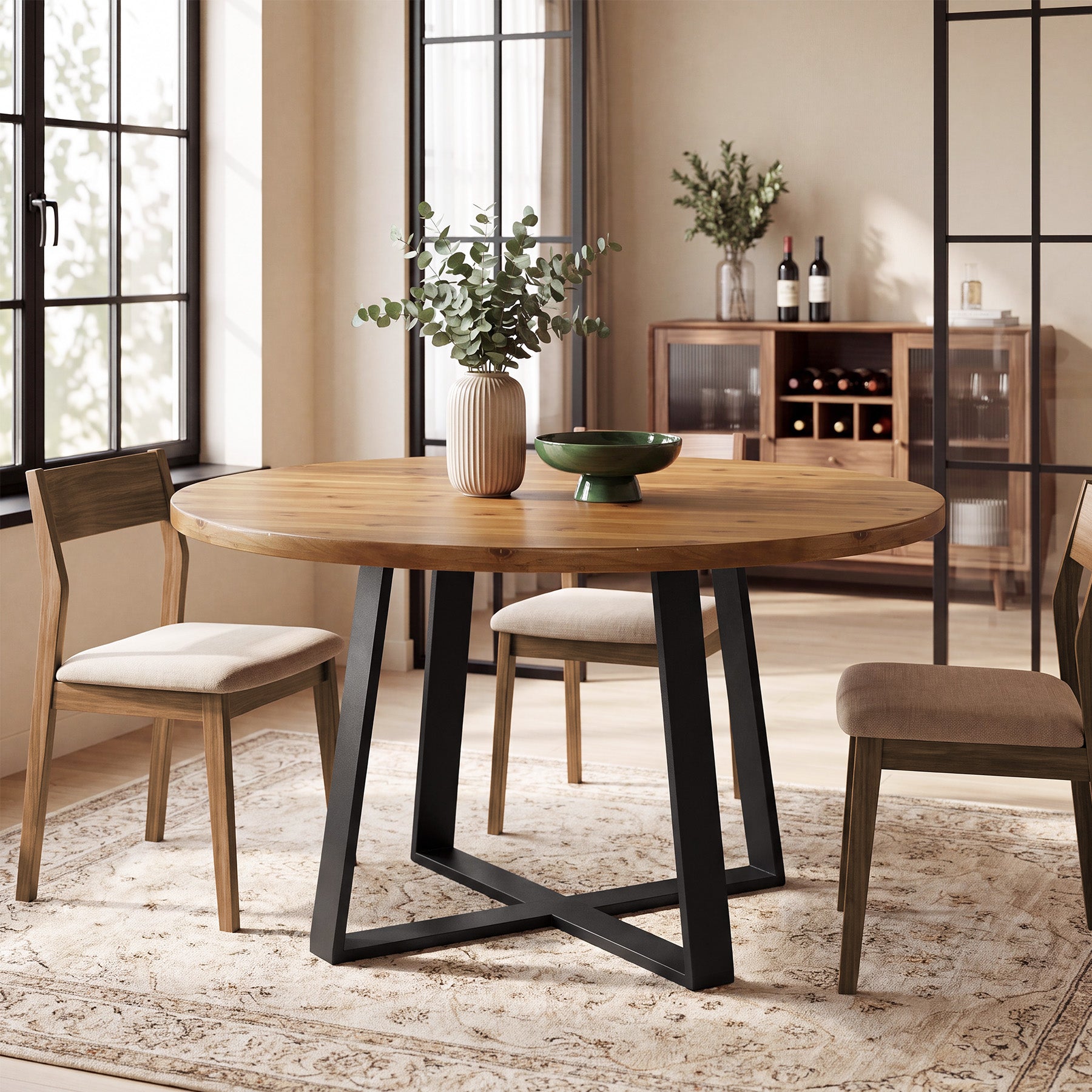 Tribesigns 47-Inch Solid Wood Round Dining Table, 4-6 Person Table with Black Metal Base