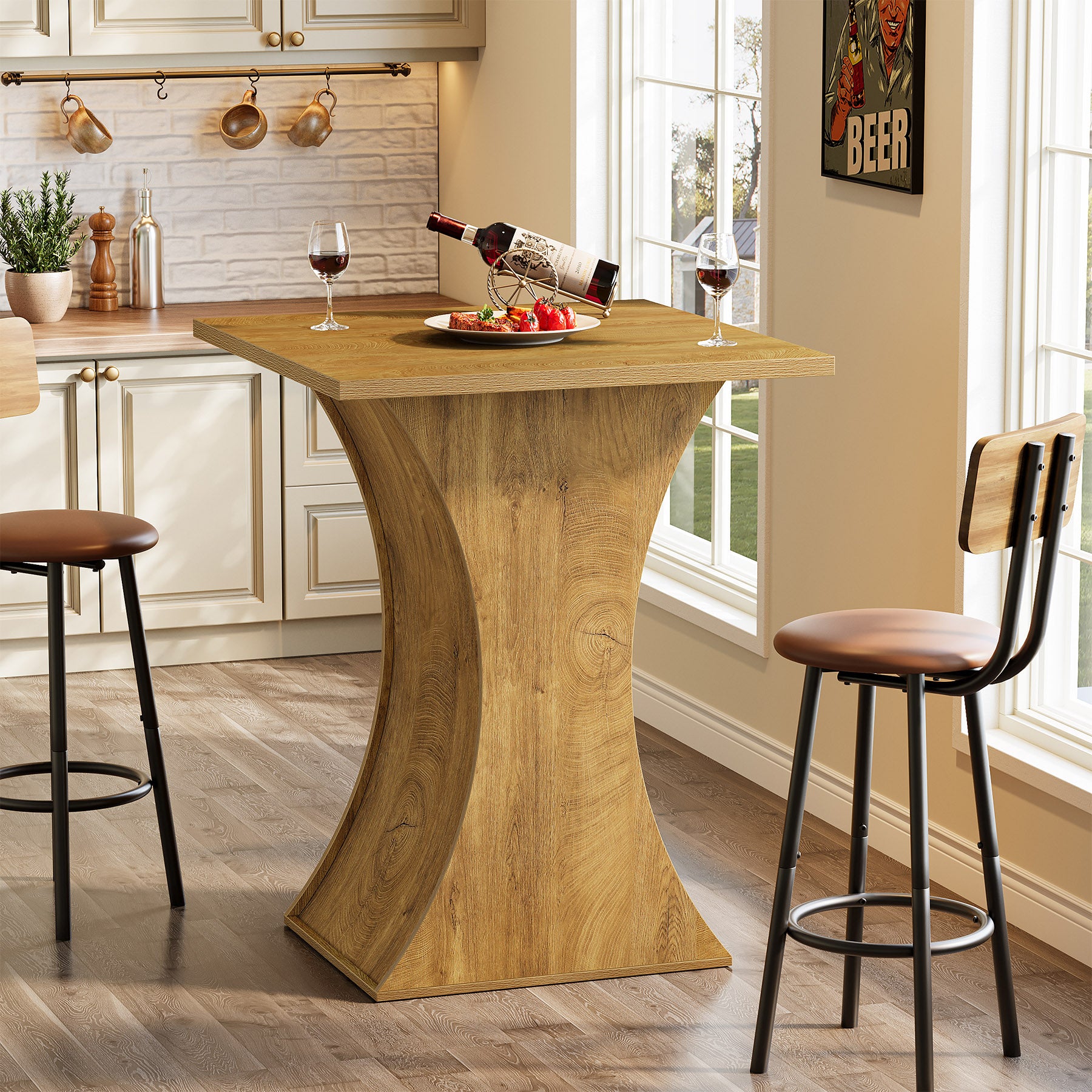 39.4 Inch Square Bar Table with Hourglass Base, Farmhouse Pub Table for Small Spaces