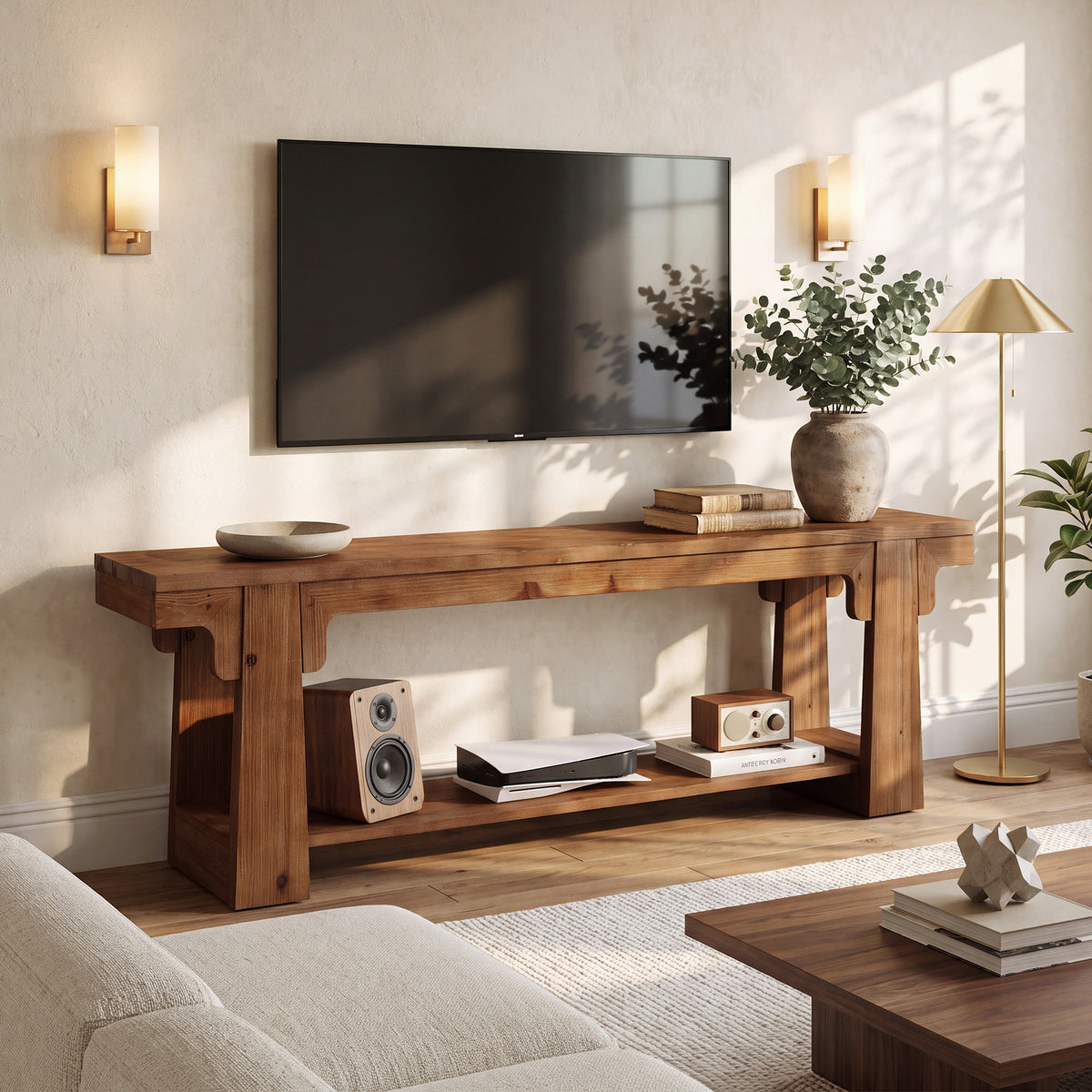 Tribesigns 63 Inch Solid Wood TV Stand with Curved A-Legs, Farmhouse Media Console for Living Room