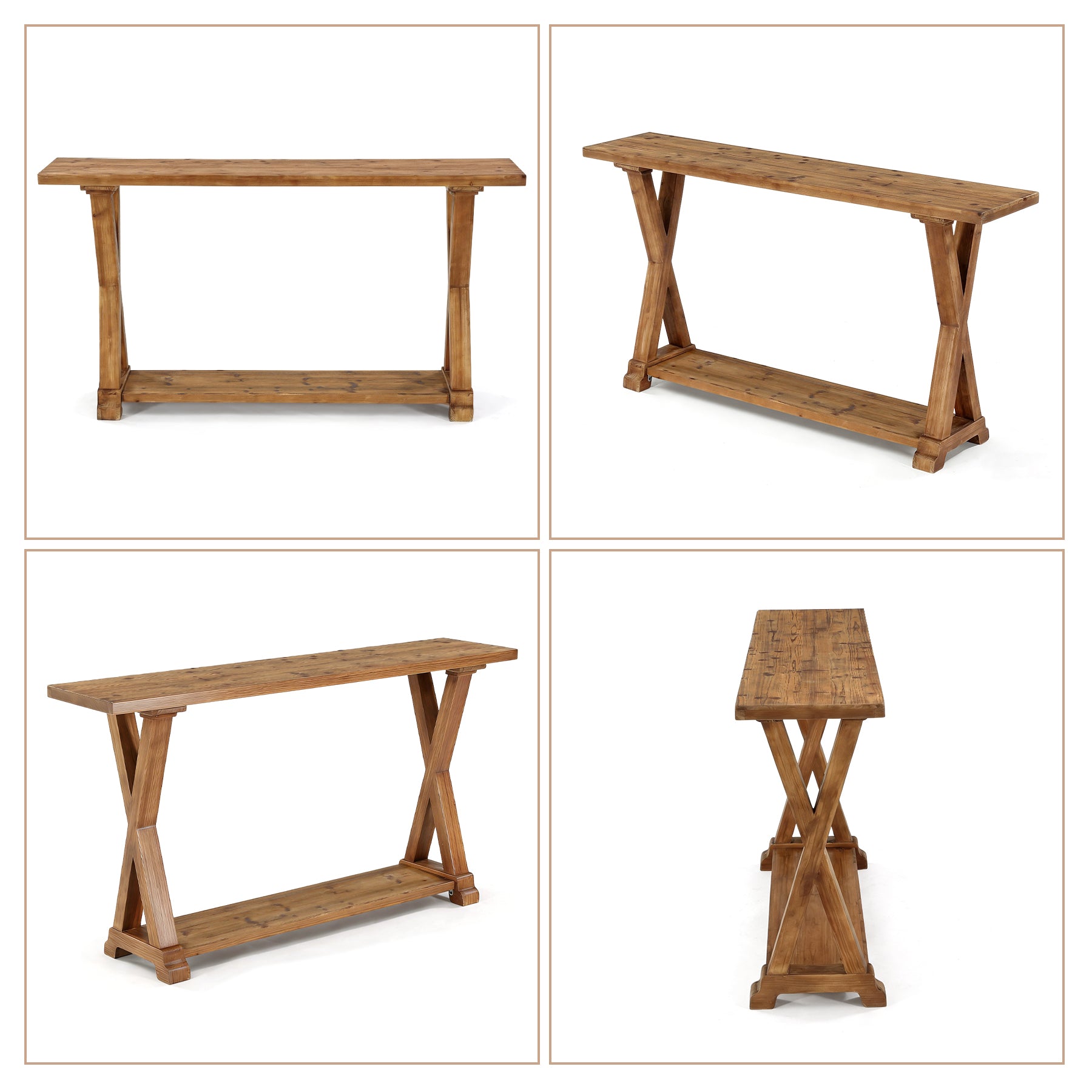 63 Inch Solid Wood Console Table with Storage, 2 Tier Farmhouse Sofa Table
