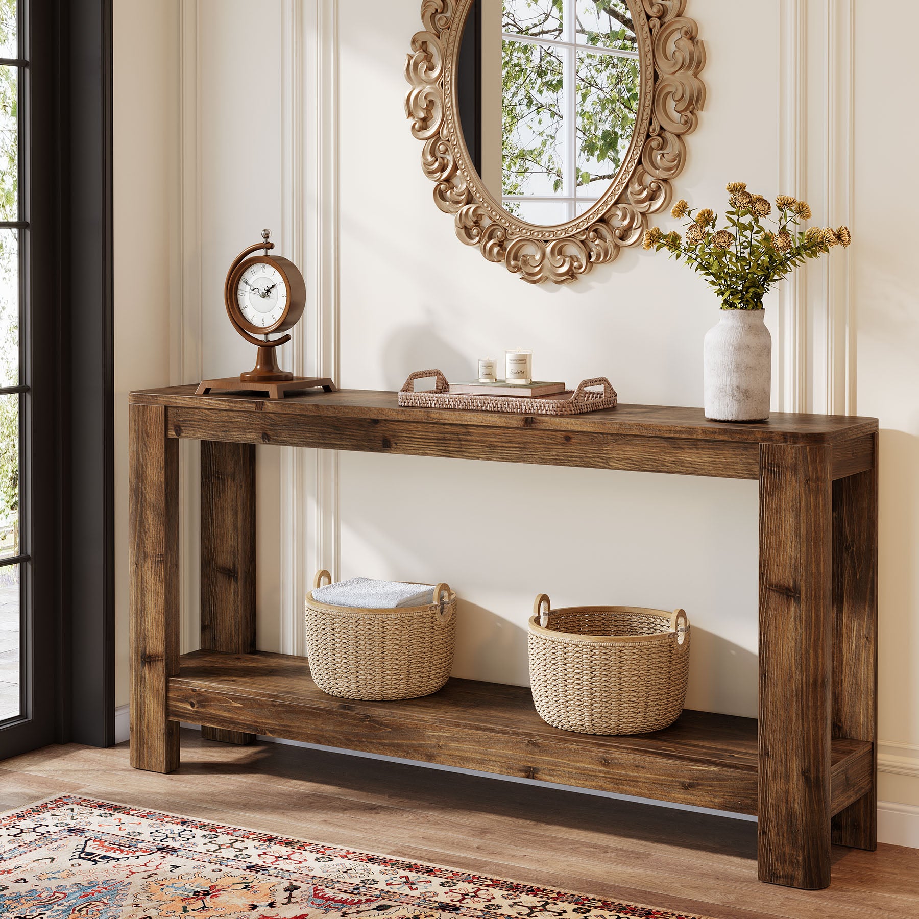 63" Console Table, Solid Wood Farmhouse Sofa Table with 2-Tier Storage