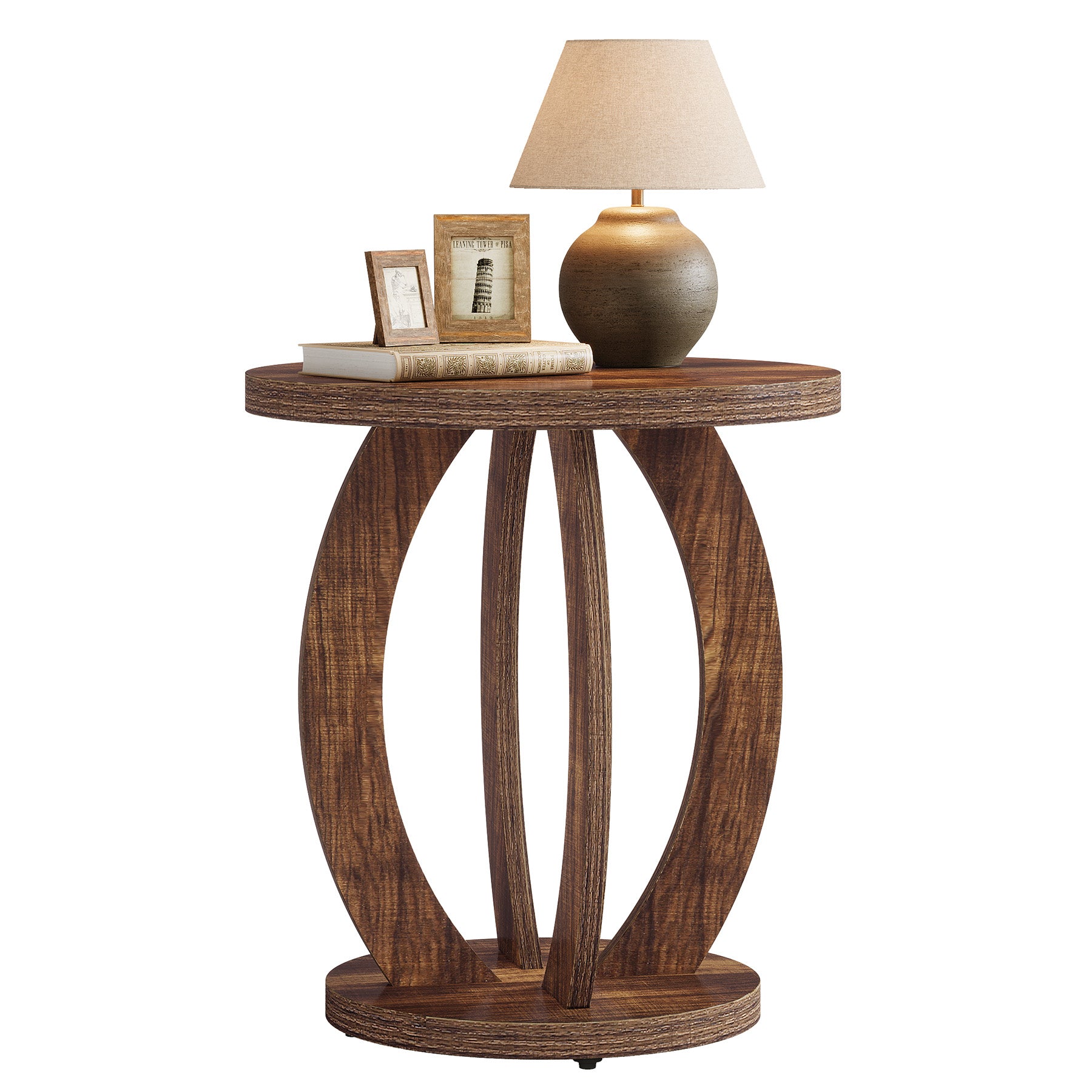 24" Round Farmhouse Nightstand - Bedside Table with Storage, Wood Base, Brown