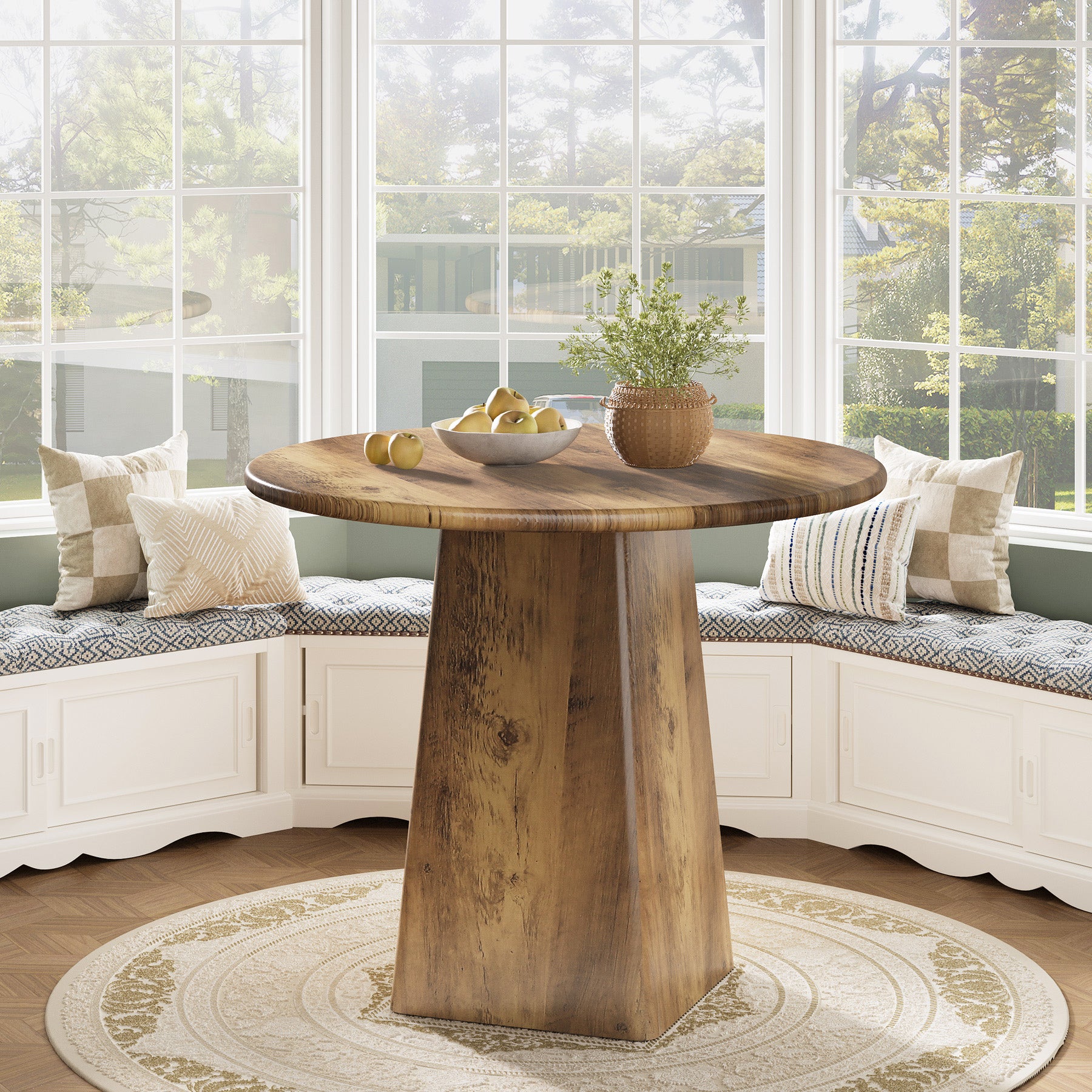 31.5" Dining Table for 4 - Round Farmhouse Kitchen Table with Square Base in Rustic Brown