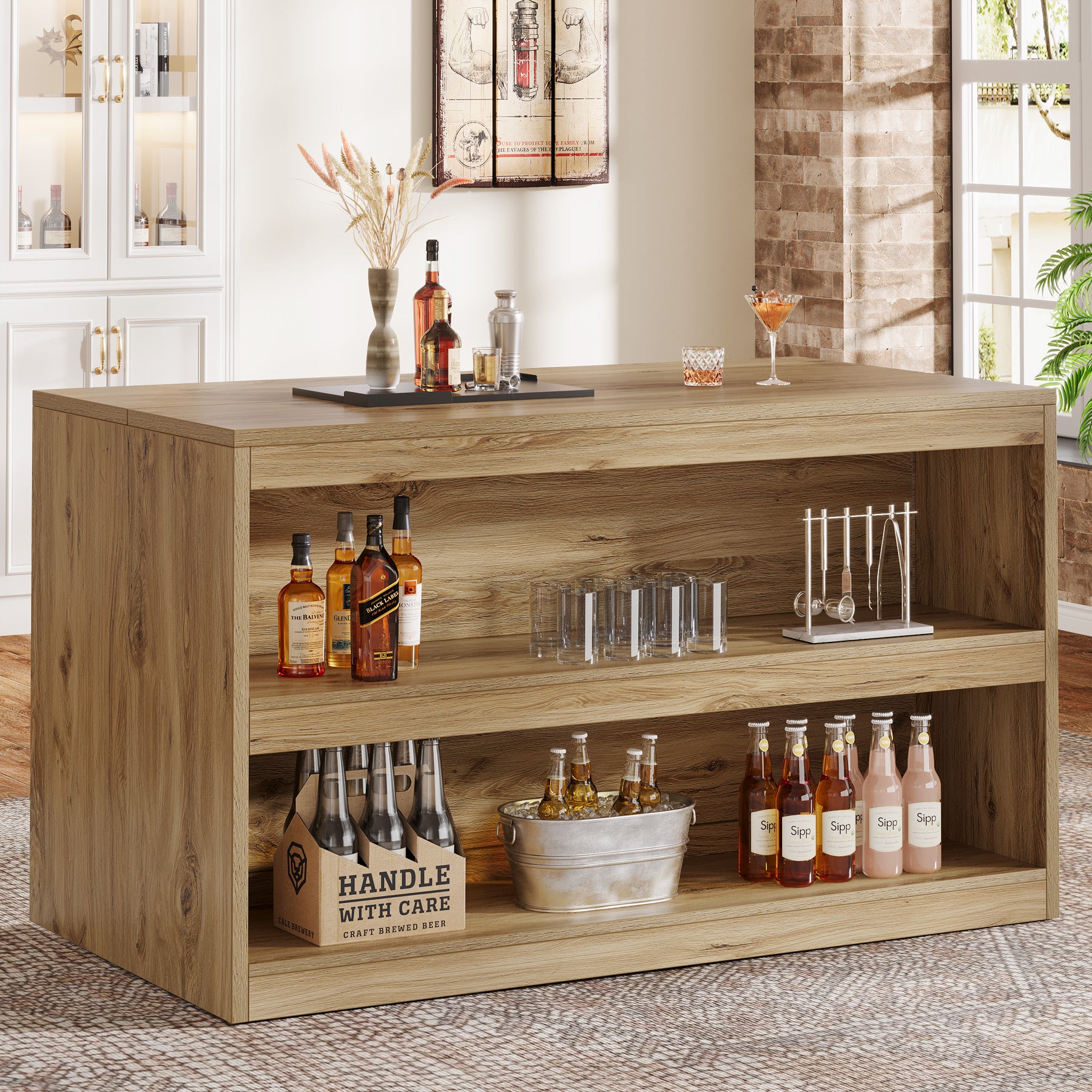 59 Inch Home Bar Table with 2-Tier Shelves, Farmhouse Pub Table for Kitchen and Bistro