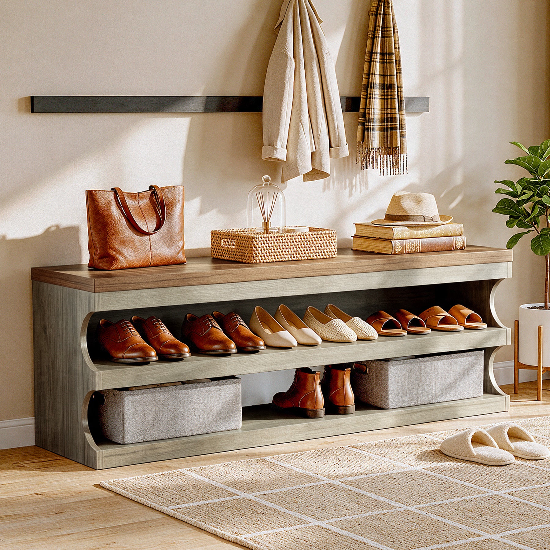 Tribesigns 55 Inch Entryway Bench, 3 Tier Shoe Storage Bench with Seating for Hallway and Bedroom