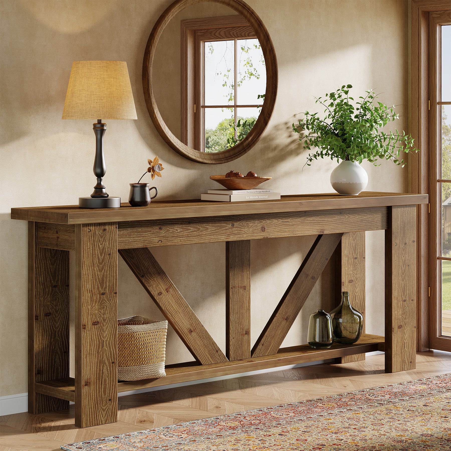70.9-Inch Solid Wood Console Table with Triangular Base, 2-Tier Sofa Table for Hallway
