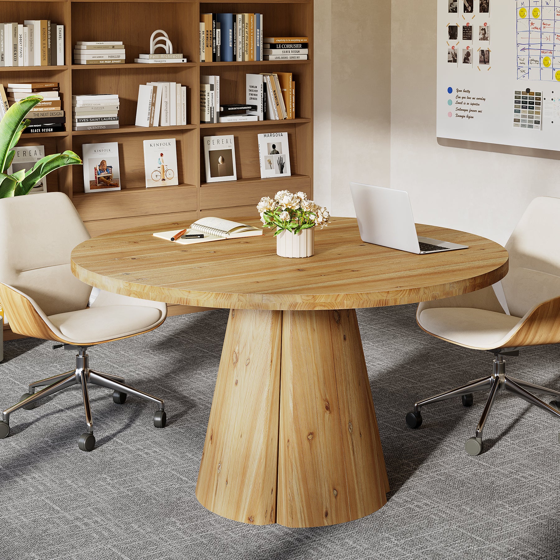 Tribesigns 47.24-Inch Solid Wood Conference Table, Rustic Round Meeting Table with Pedestal Base for Office