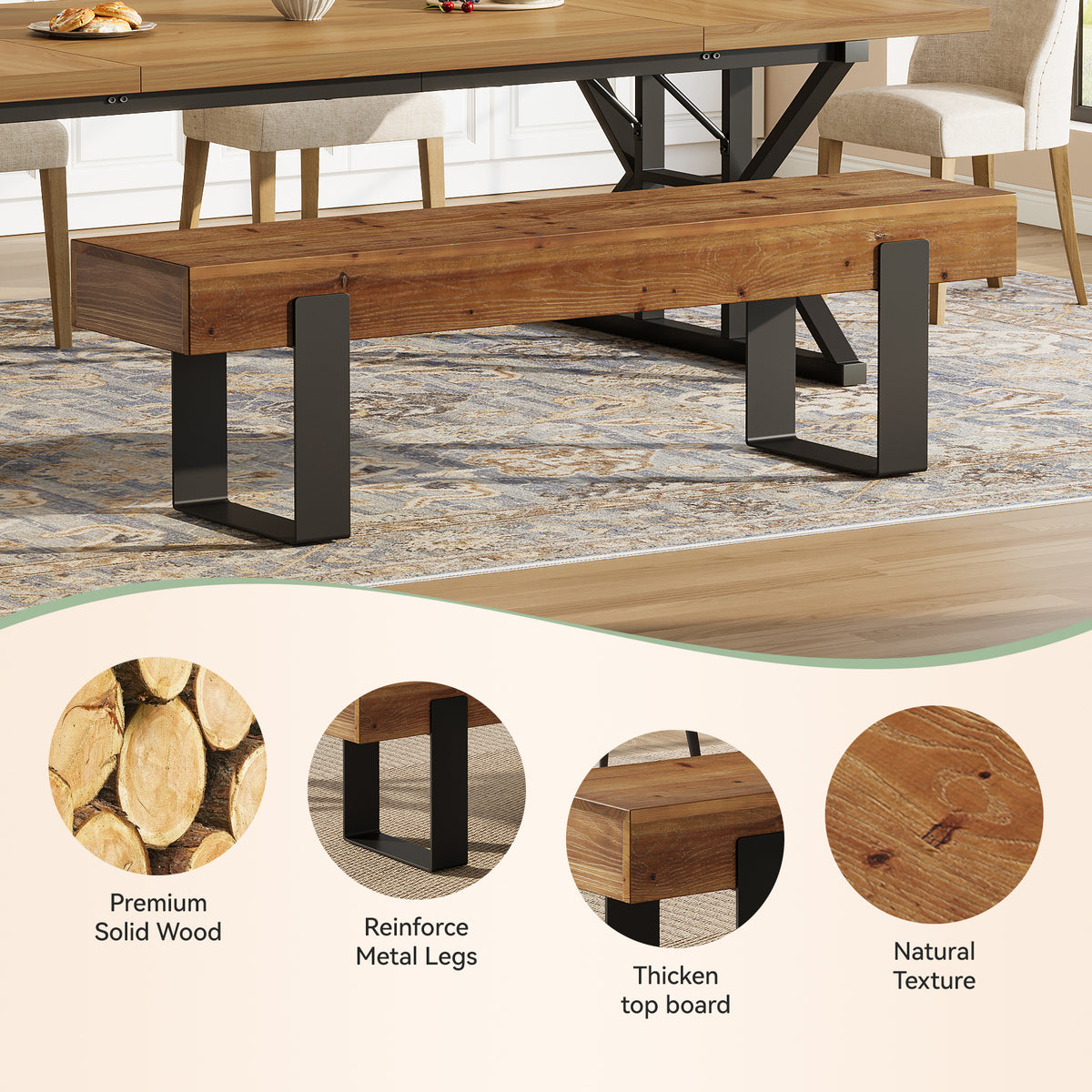 Tribesigns 63-Inch Solid Wood Dining Bench, Farmhouse Kitchen Seat with Metal Legs for Dining Room
