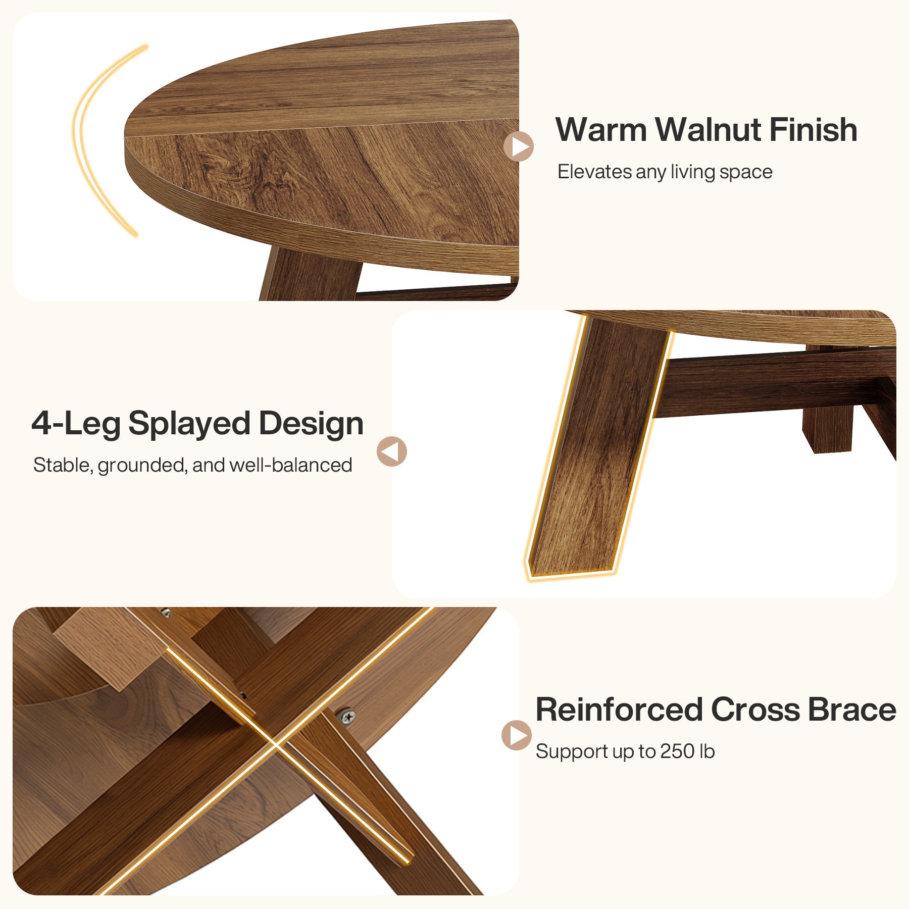 39" Round Mid Century Modern Coffee Table with Cross Brace, Low Wooden Center Table