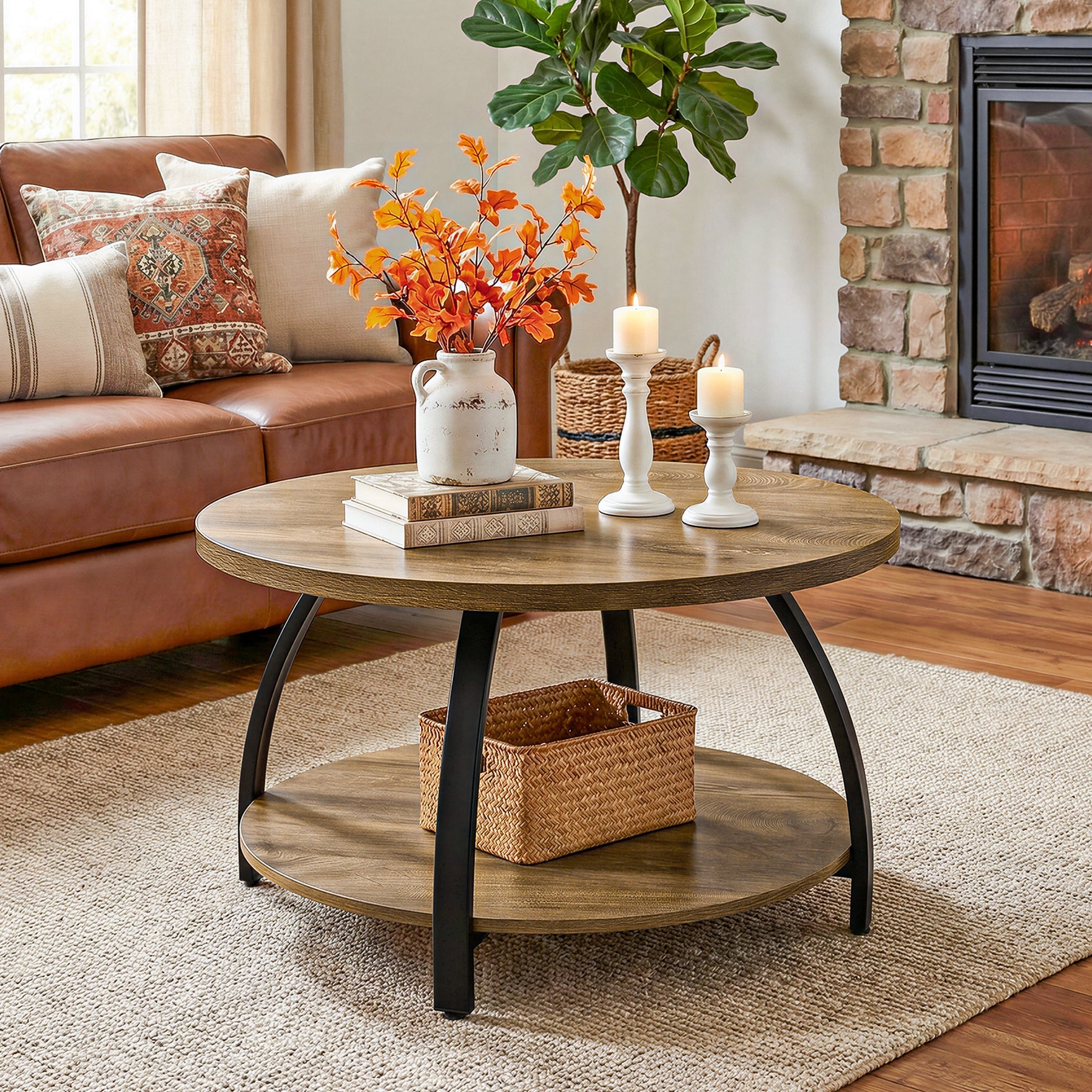 Tribesigns 31.5 Inch Round Coffee Table with 2-Tier Storage Shelves, Center Cocktail Table for Living Room