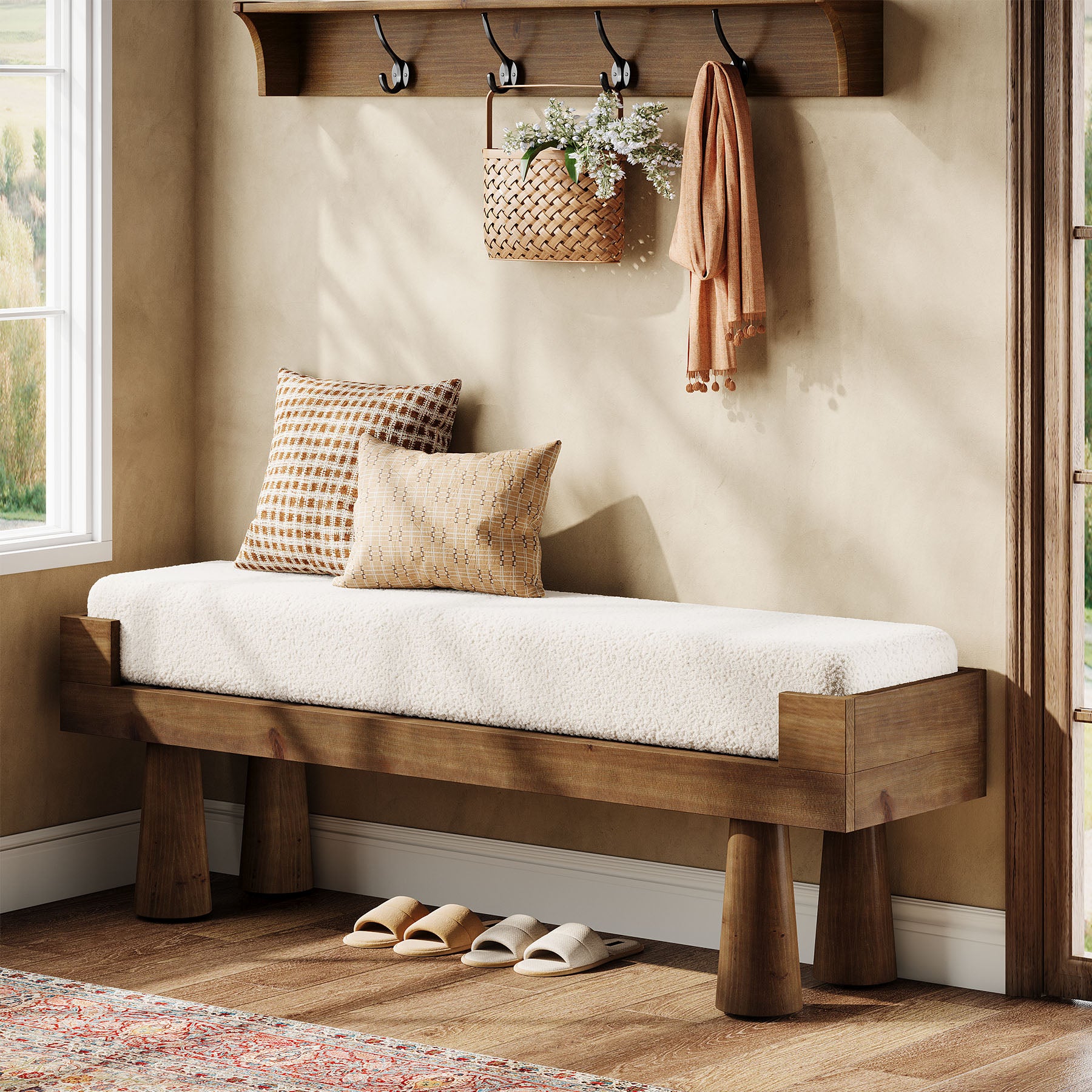 Tribesigns Upholstered Entryway Bench with Solid Wood Legs, Mid-Century Shoe Bench for Bedroom and Living Room