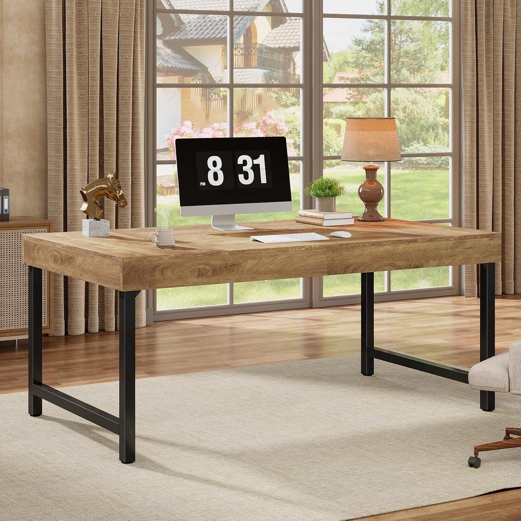 55" Industrial Executive Desk Rustic Office Desk Metal Legs Study & Conference Workstation