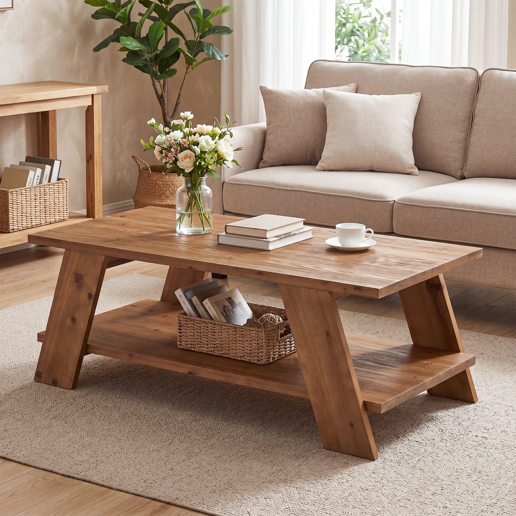 47-Inch Solid Wood Coffee Table with 2-Tier Storage, Farmhouse Rectangle Centre Table for Living Room