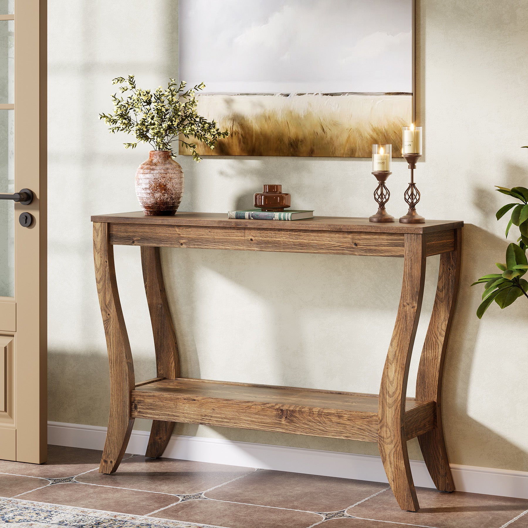 41.3-Inch Solid Wood Console Table with Storage Shelf, Farmhouse 2-Tier Entryway and Sofa Table for Living Room and Hallway