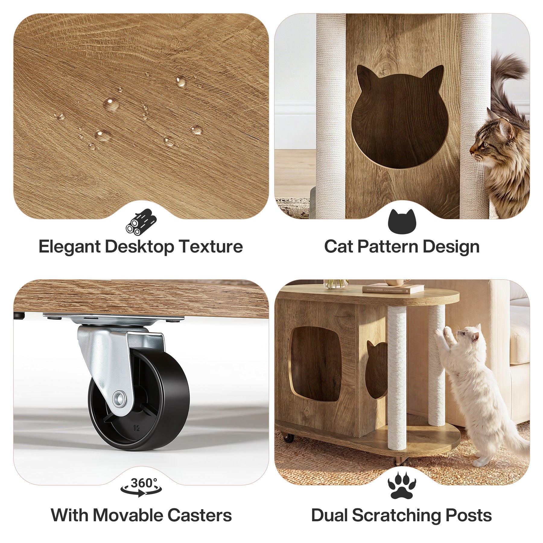 31.5-Inch End Table with Cat Scratching Posts, Wooden Cat Condo with Bed for Living Room