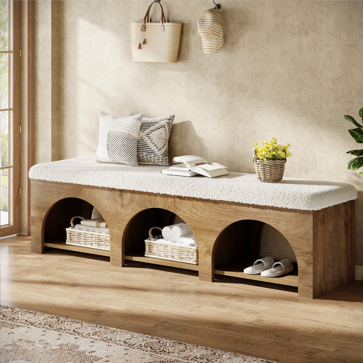 Tribesigns 63" Upholstered Entryway Bench with Arched Shoe Storage, Cushioned Bench for Hallway