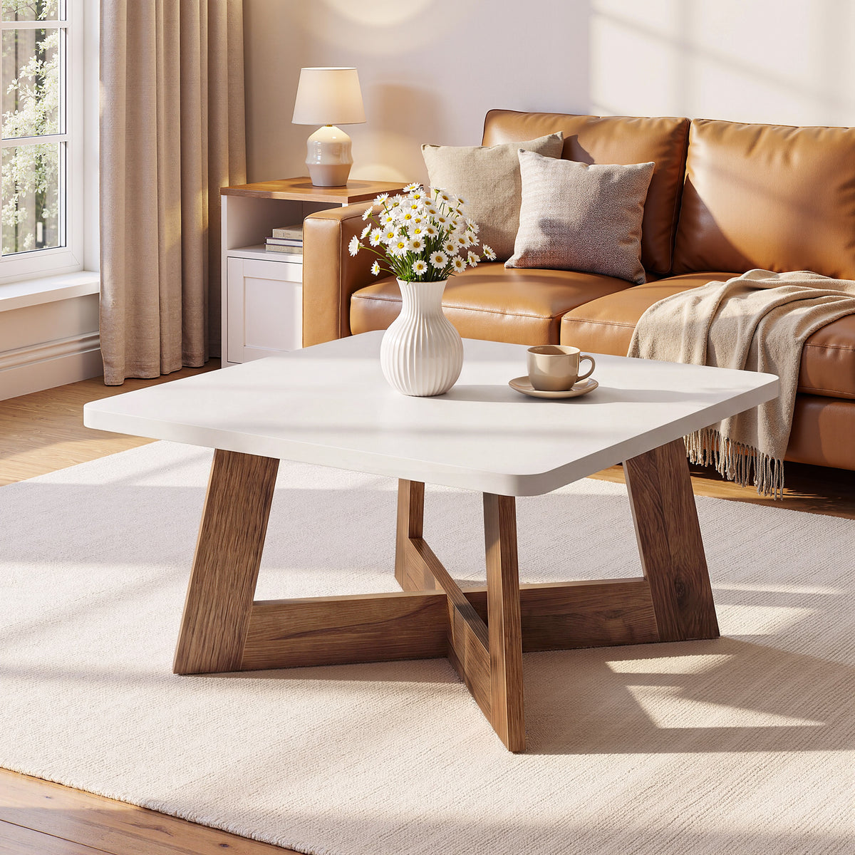 Tribesigns 31.5 Inch Square Coffee Table with Cross Base, Modern White Center Table for Living Room