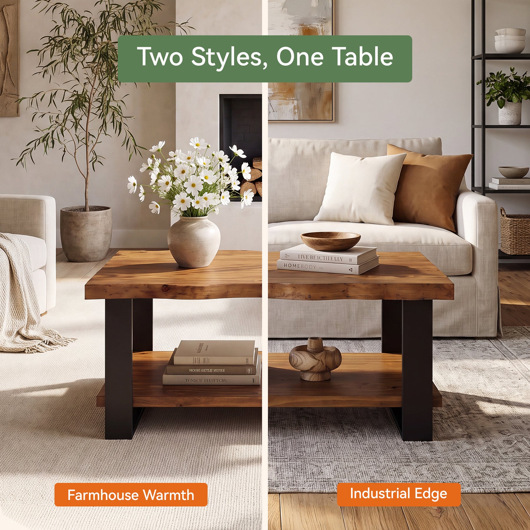Tribesigns 47-Inch Solid Wood Coffee Table with Live Edge Top, 2-Tier Storage Table for Living Room