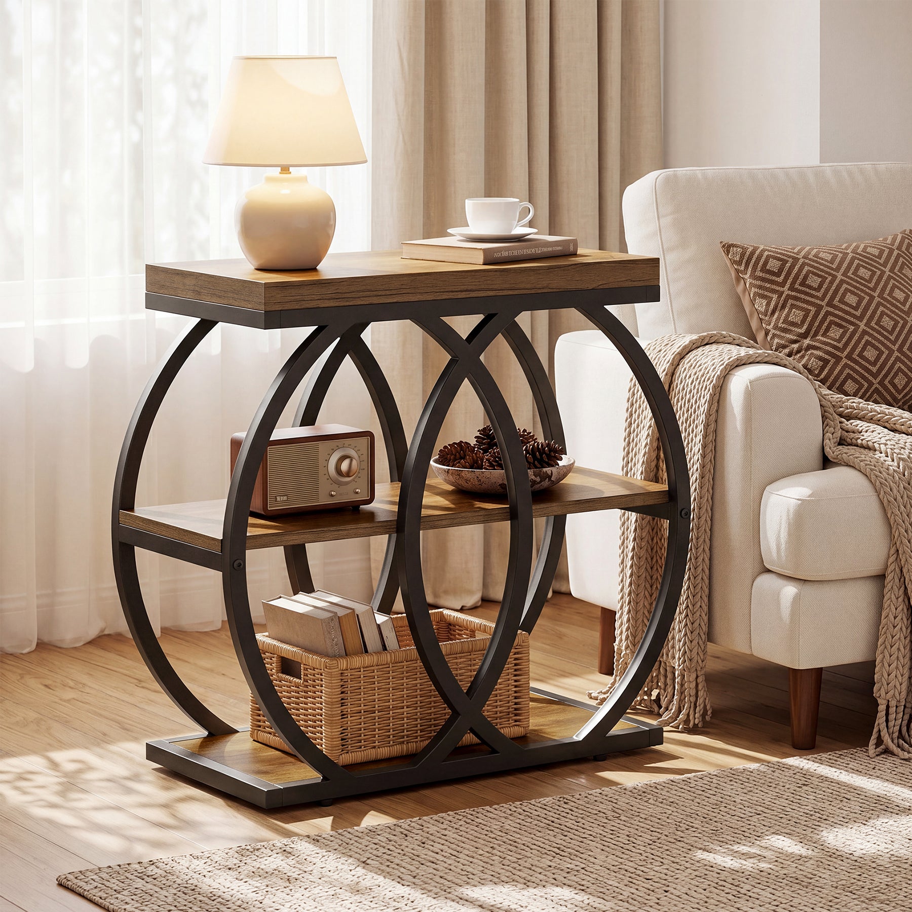 23.62-Inch 3-Tier Narrow End Table with Open Storage Shelves, Industrial Side Table for Living Room