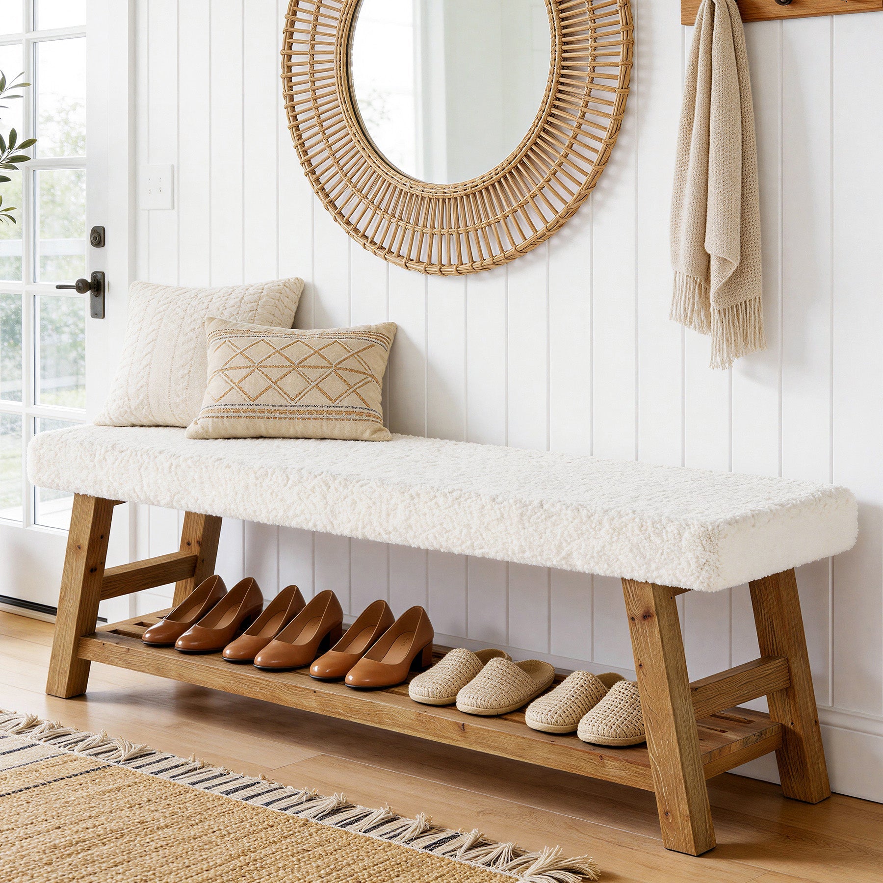 55-Inch Upholstered Entryway Bench with 2-Tier Shoe Storage Shelf, Solid Wood Frame Shoe Bench for Hallway