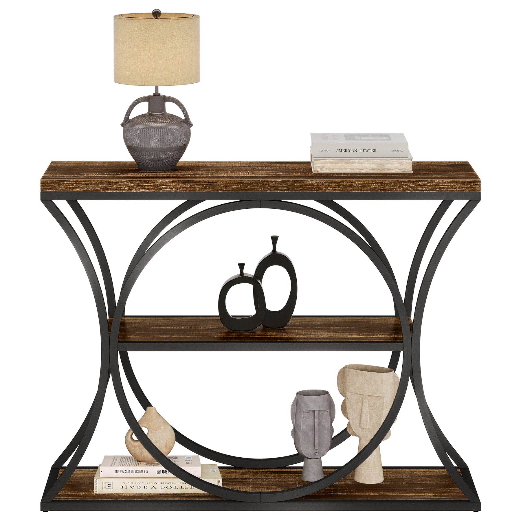 43.34" Industrial Console Table with 3-Tier Storage, Sofa Table for Living Room Hallway Behind Couch