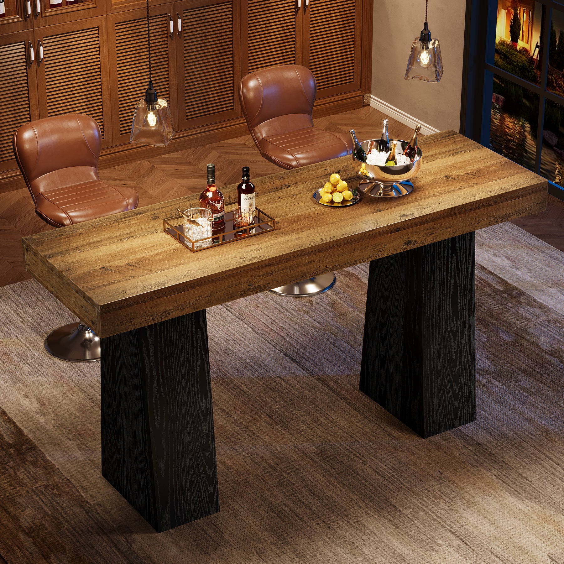 63-Inch Bar Height Table with Thick Top, Rustic Wood Counter Table for Kitchen