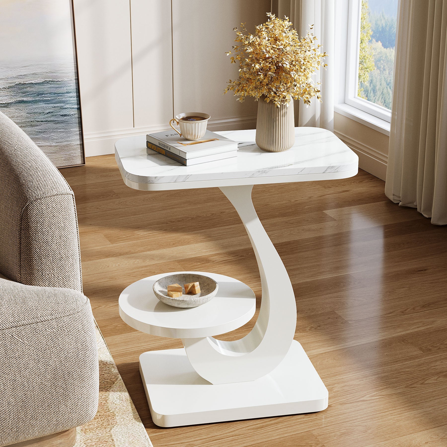 23.62“ C-Shaped End Table with 2-Tier Storage, Faux Marble Top White