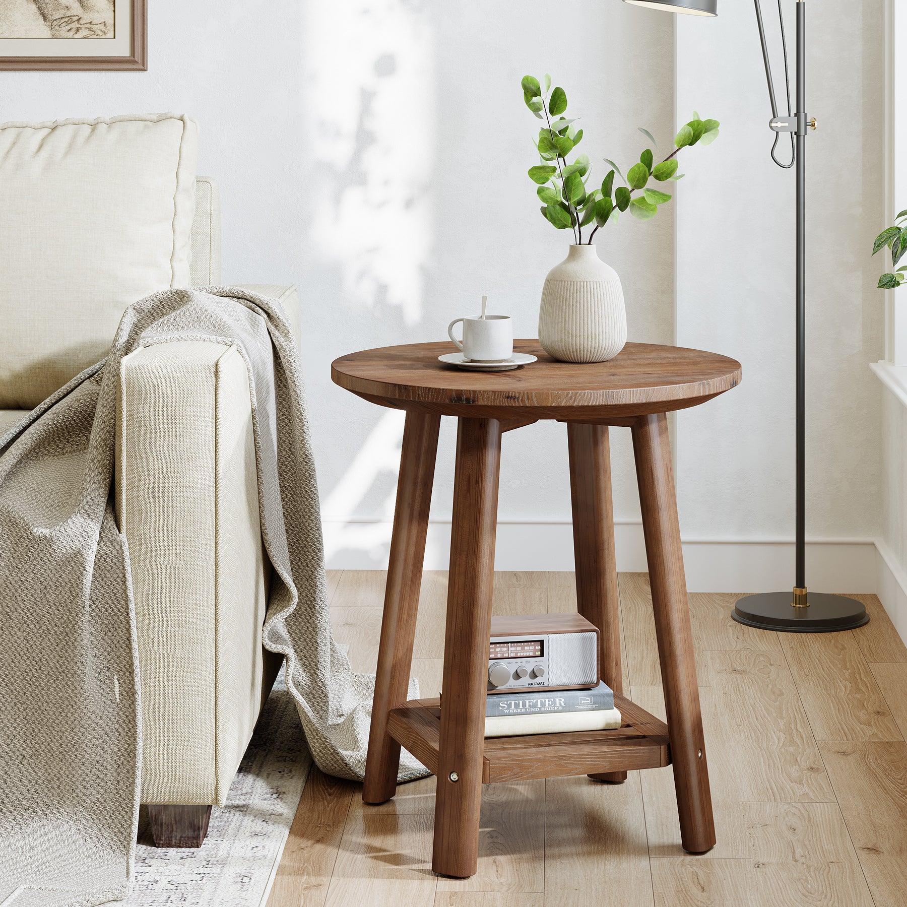 Tribesigns Round Side Table with 2-Tier Storage Shelf, Solid Wood End Table for Small Spaces