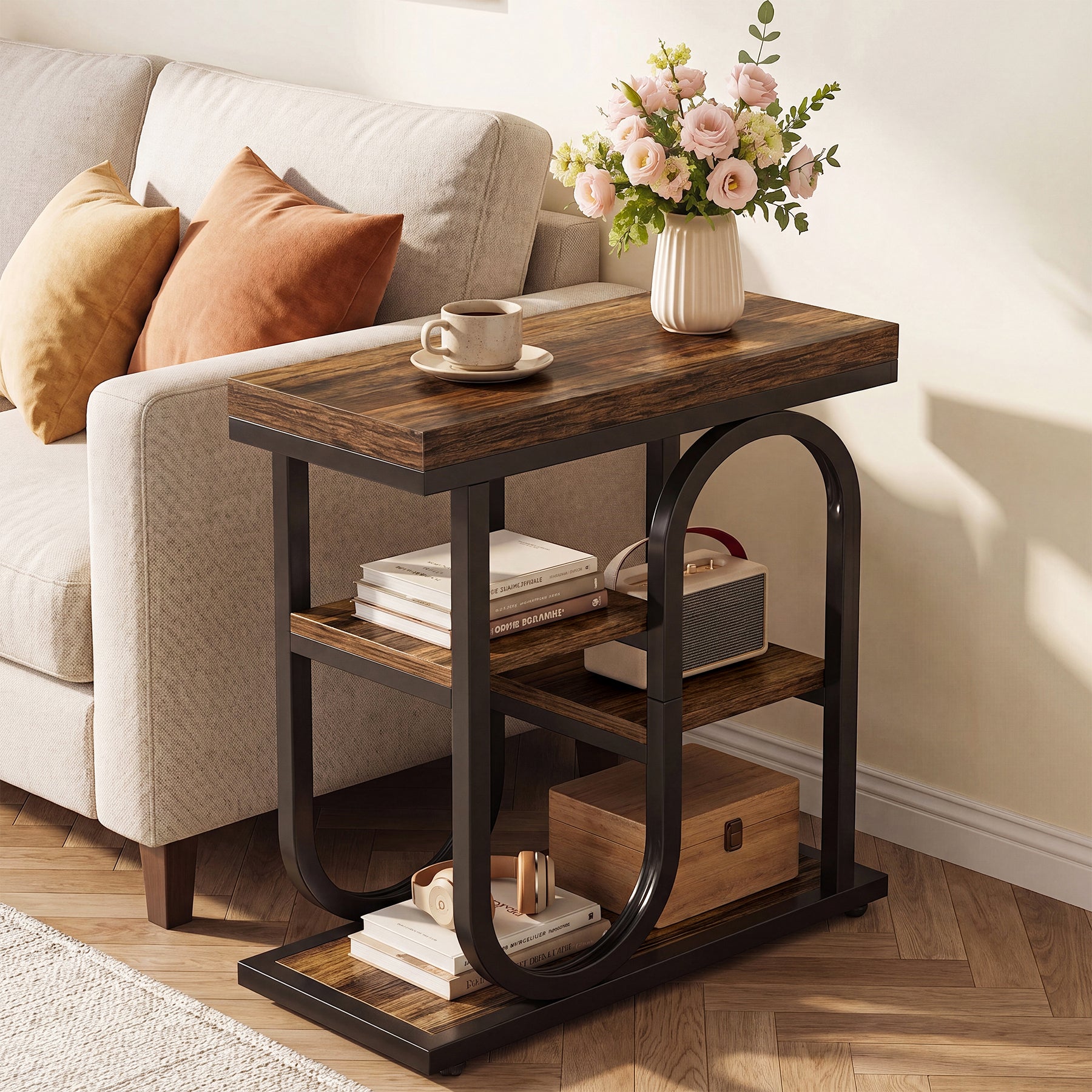 Tribesigns 23.62-Inch Narrow End Table with 4-Tier Storage, S-Shaped Side Table for Living Room