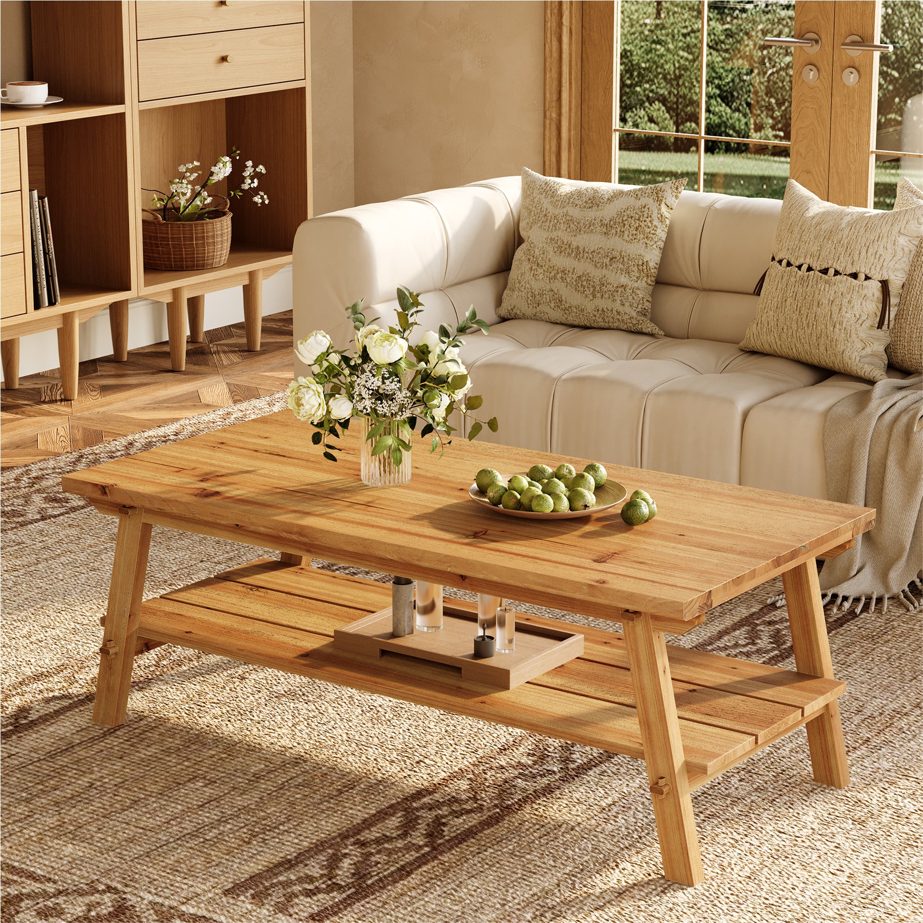 Farmhouse Rectangular Coffee Table, 47-Inch Solid Wood with Two Storage Shelves