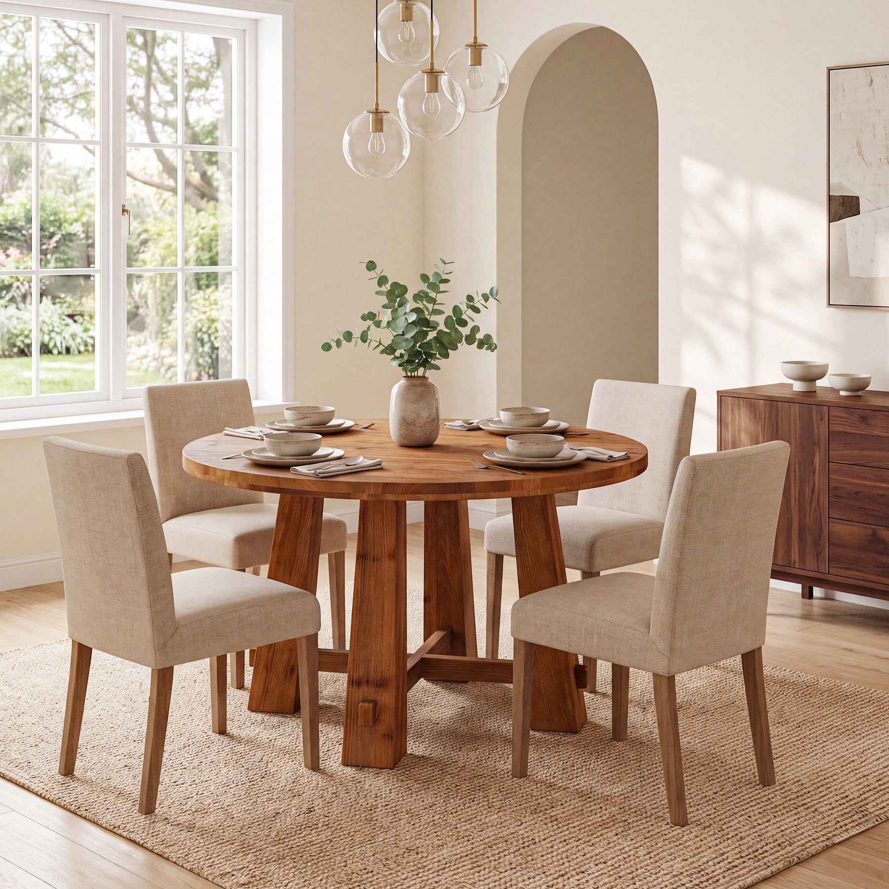 39.4 Inch Solid Wood Round Dining Table with Cross Base, Farmhouse Kitchen Table for 2-4