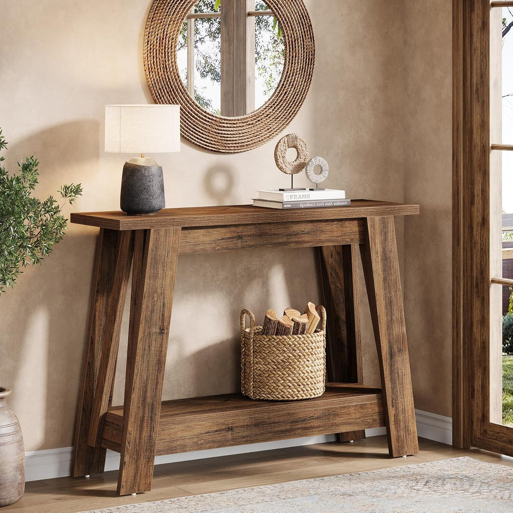 41.3" Rustic Farmhouse Console Table 2 Tier Narrow Entryway Table Storage