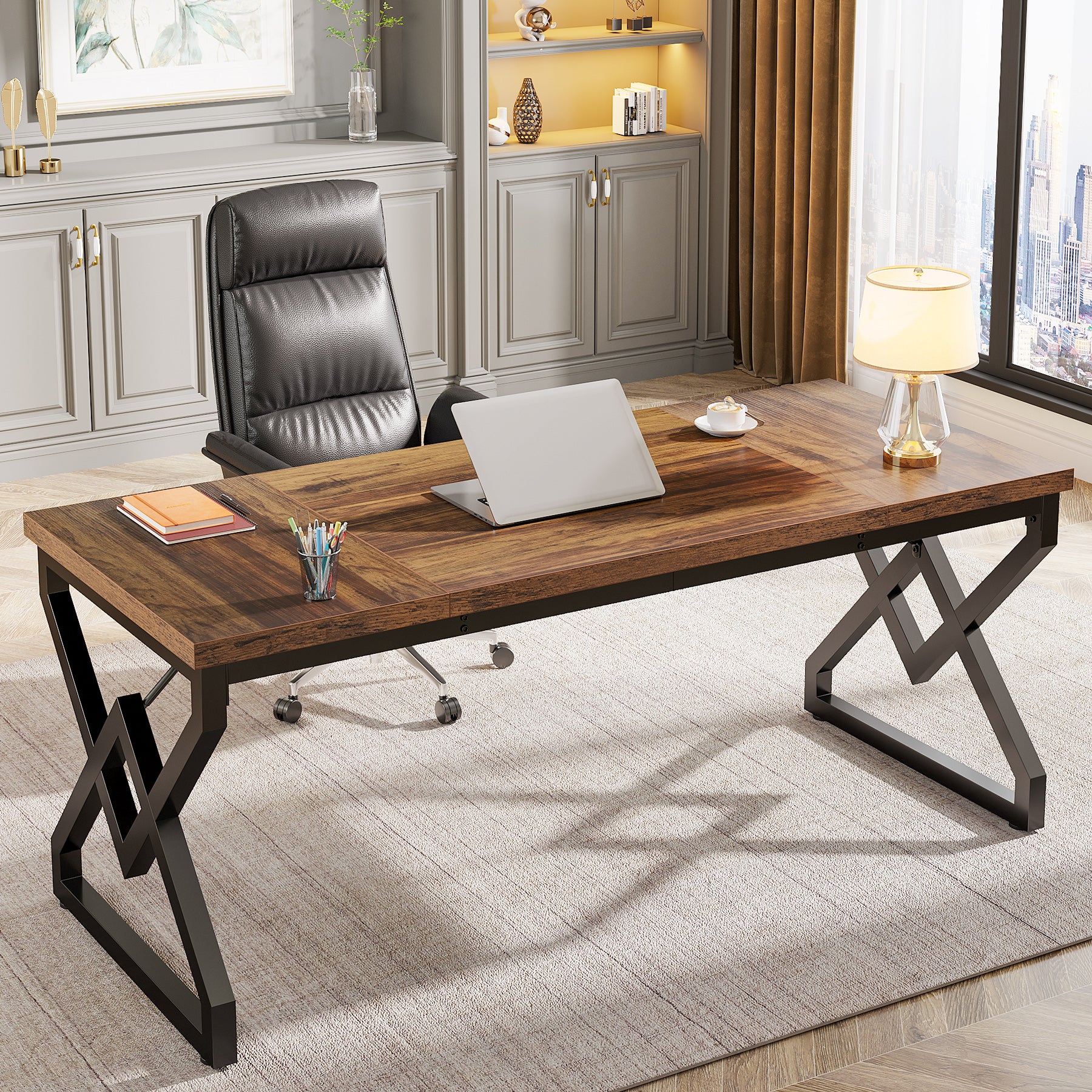 Tribesigns 63-Inch Large Office Desk, Industrial Computer Executive Desk with Extra Thick Wood-Look Top and Metal Frame for Home Office