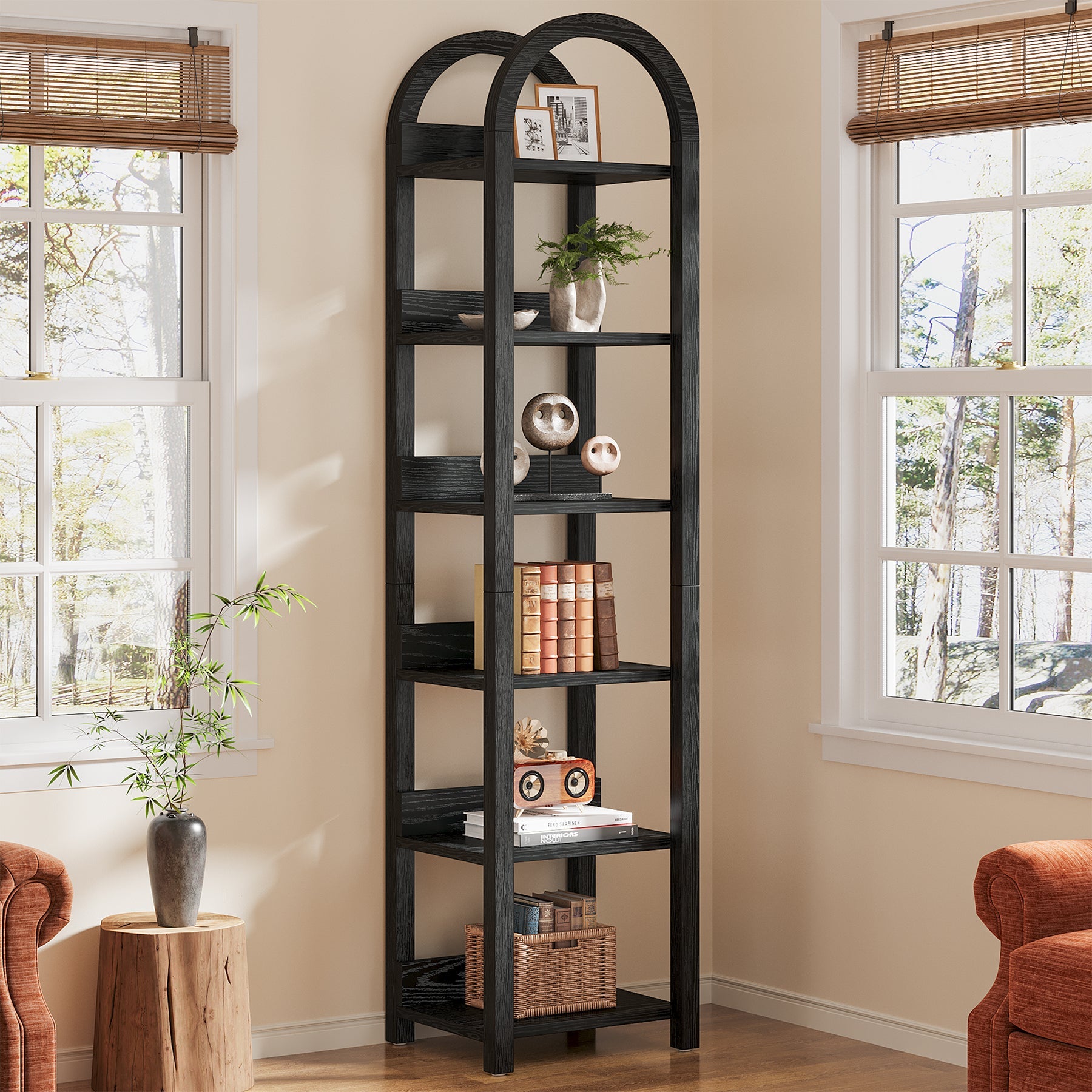70.87-Inch 6-Tier Narrow Bookshelf with Arched Top, Tall Slim Bookcase