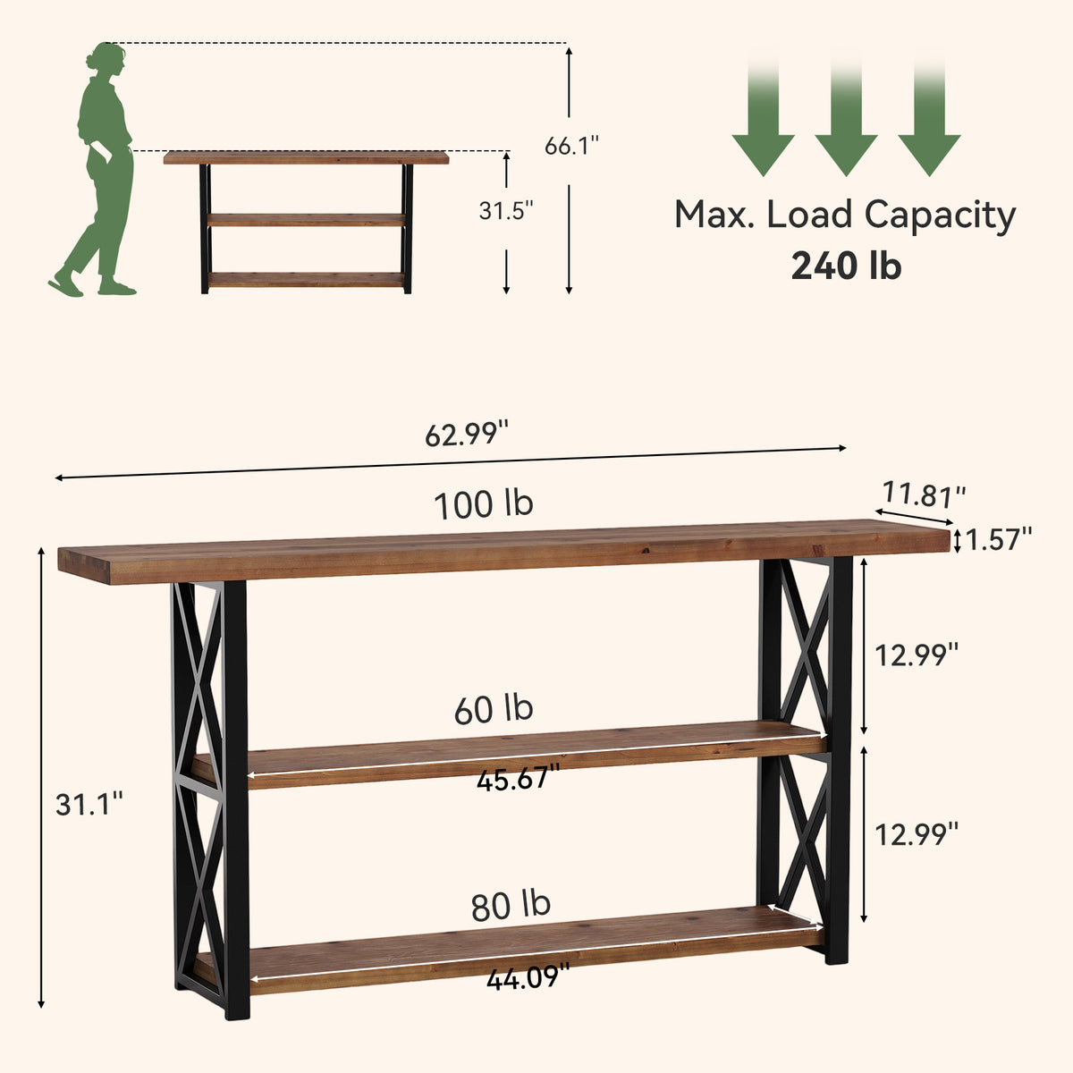 Tribesigns 63-Inch Narrow Console Table with 3-Tier Storage, Rustic Sofa Table for Hallway and Entryway
