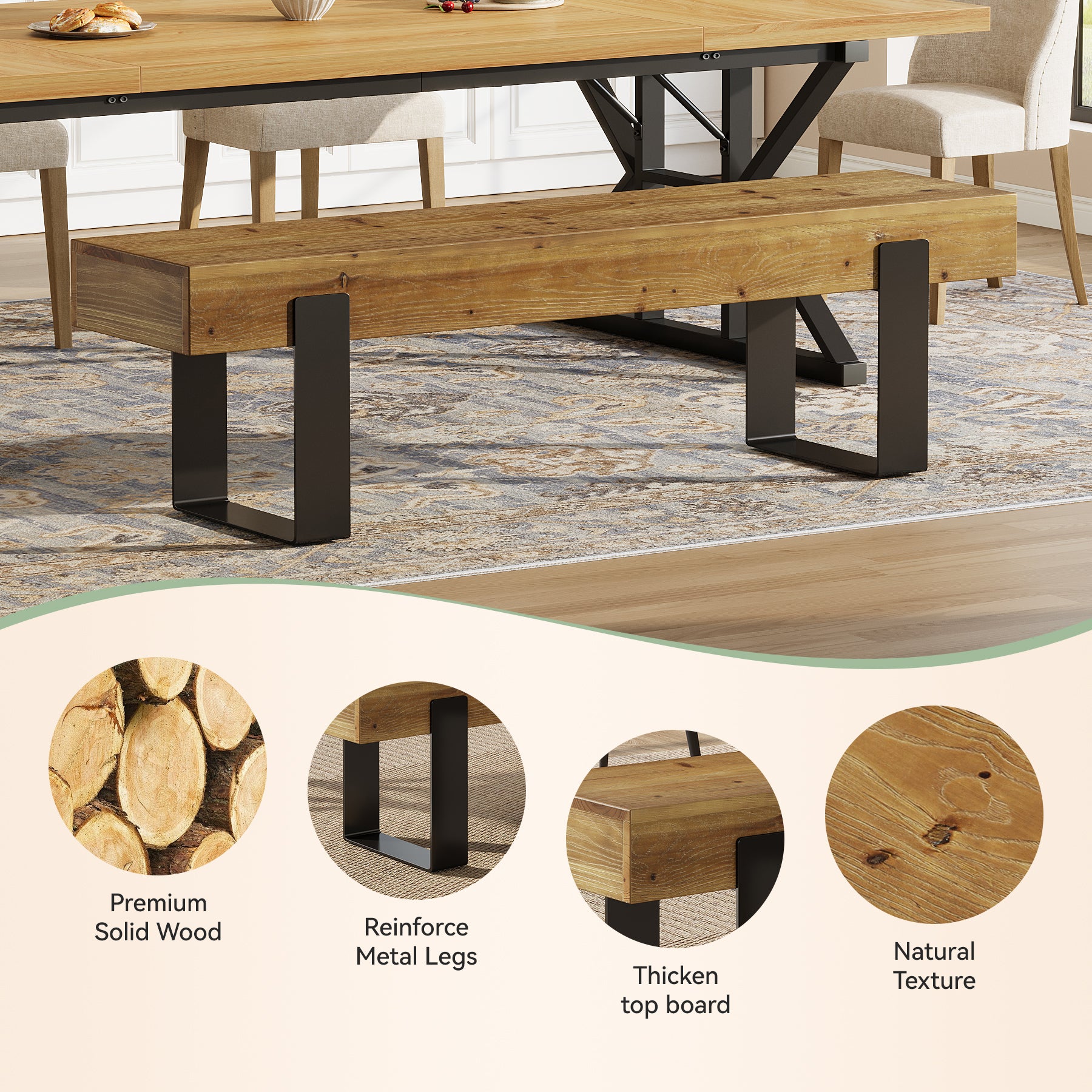 Tribesigns 63-Inch Solid Wood Dining Bench, Farmhouse Kitchen Seat with Metal Legs for Dining Room