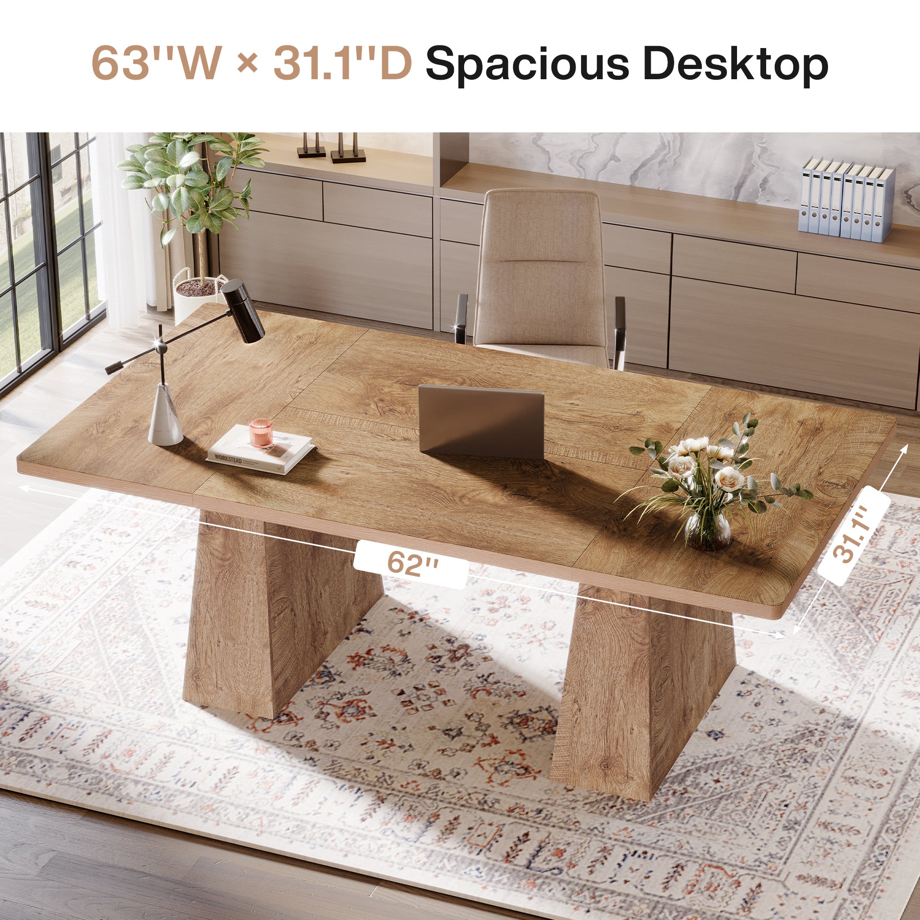 Tribesigns 63 Inch Executive Desk, Large Office Computer Desk with Double Pedestal for Home Office Conference Room
