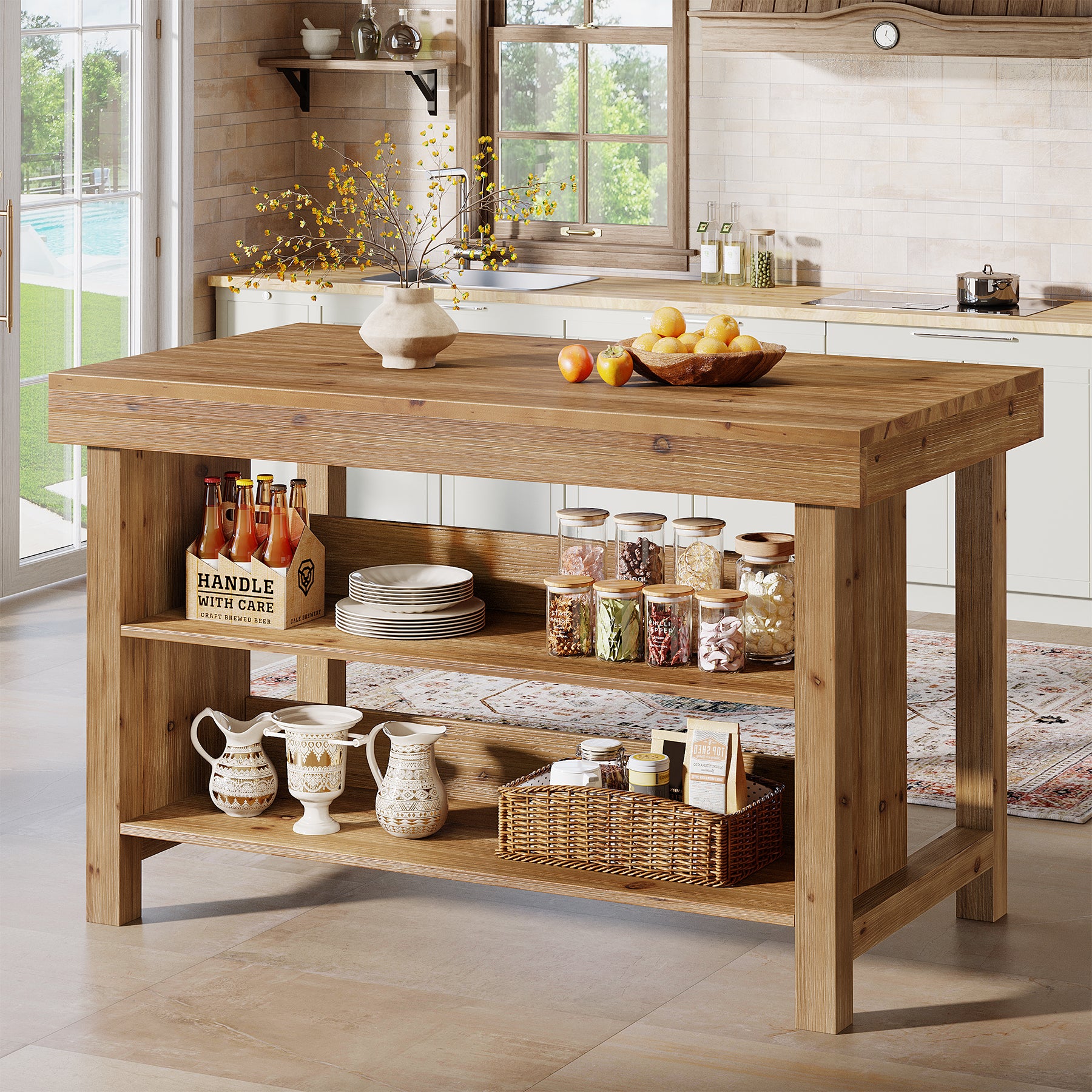 Tribesigns Solid Wood Kitchen Island Table with 2-Tier Open Storage Shelves, Farmhouse Stationary Island Table with Seating for Kitchen and Dining Room