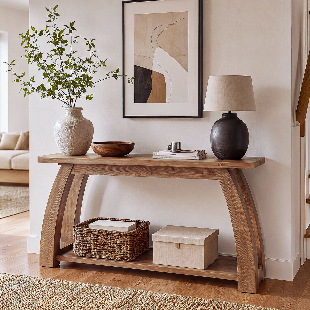Tribesigns 63 Inch Solid Wood Console Table with Arched Legs, 2-Tier Entryway Table for Hallway